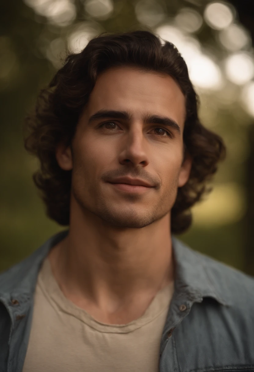 Cinematic soft lighting illuminates a 20- to 30-year-old white American man in the countryside, con un estilo aventurero. Hombre guapo, dark brown hair, pelo corto, con detalles impresionantes y ultrarrealistas, Detailed face and expression, ojos claros suaves, sonrisa sutil, Retrato medio cuerpo. 8K alto detalle.