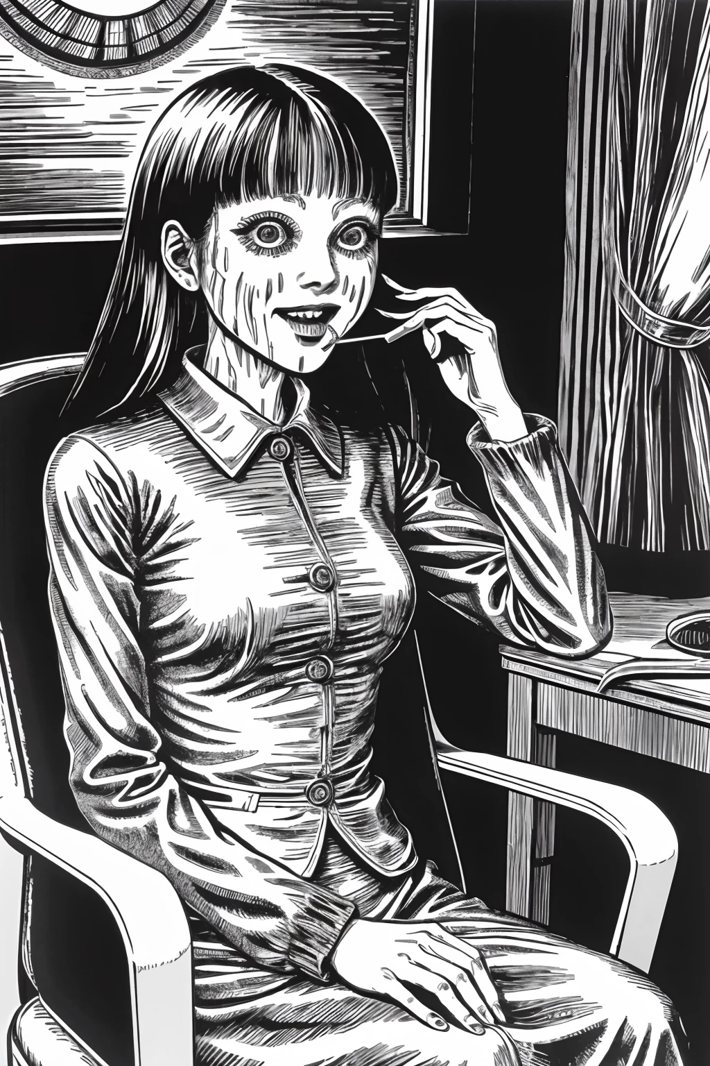 woman, creepy smile, messy hair, horror, eating lollipop, sitting in chair, disgusting, creepy, nightmare, disturbing, blood on face, blood on clothes, by junji ito,