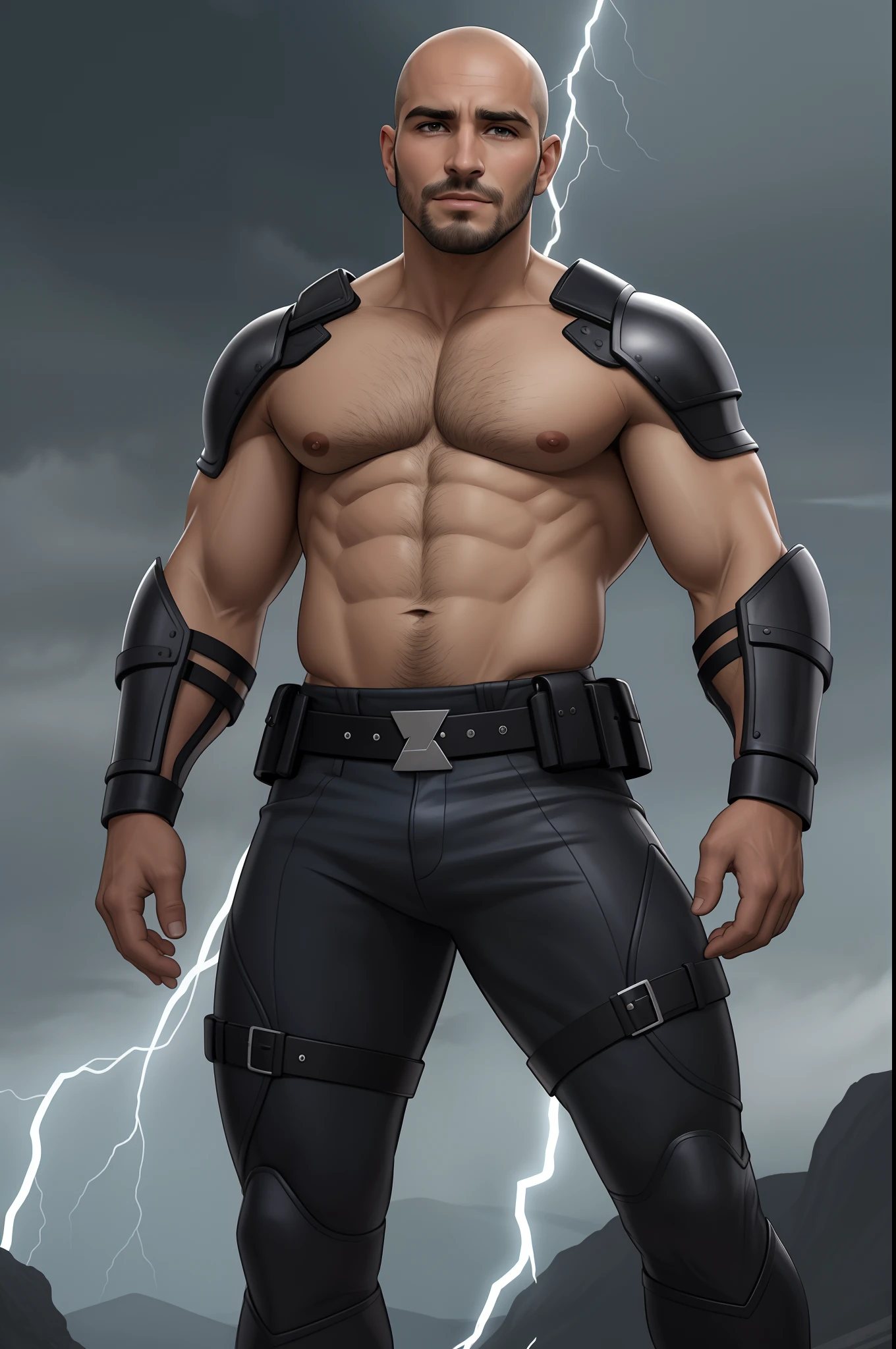 homem ,careca sem cabelo, de os olhos azul, tiro de corpo inteiro, olhos firmes, olhando para frente, lightning in the sky, arms extended, olhando para frente, parado no topo de uma montanha, manto e capa vermelhos, cruz brilhante no ar