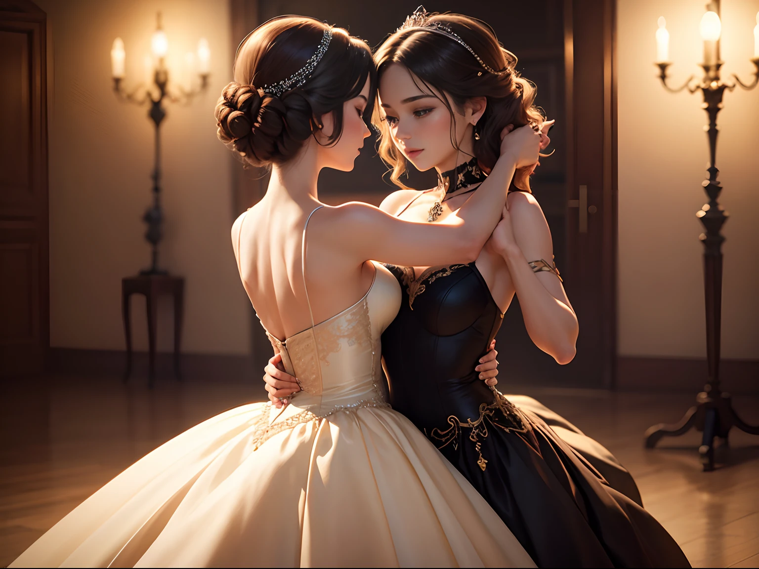 2 beautiful young women dancing waltz as a couple, gorgeous dresses, loving stares, lesbian couple, NO MEN
