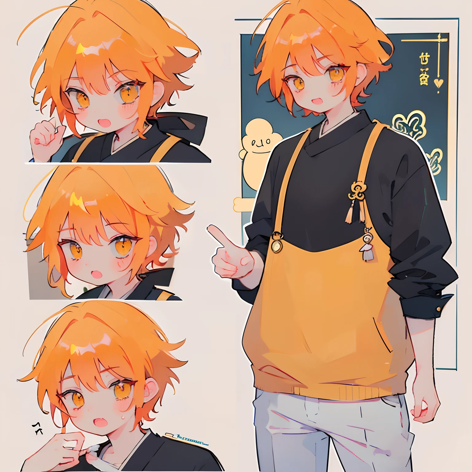 1boy, manhwa uke, cute, short, adoptable character sheet, ginger hair, cat-like design, cat eyes, cat fangs, male hairstyle, jitome eyes, orange hair, unique character design,