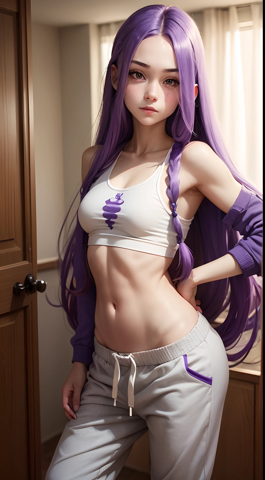  Japanese girl，broad chest，Long pink and purple hair,Light purple miniskirt，whitesweater, Shy face，White suspender stockings，The skirt was blown by the wind to reveal purple lace panties，Whitening skin