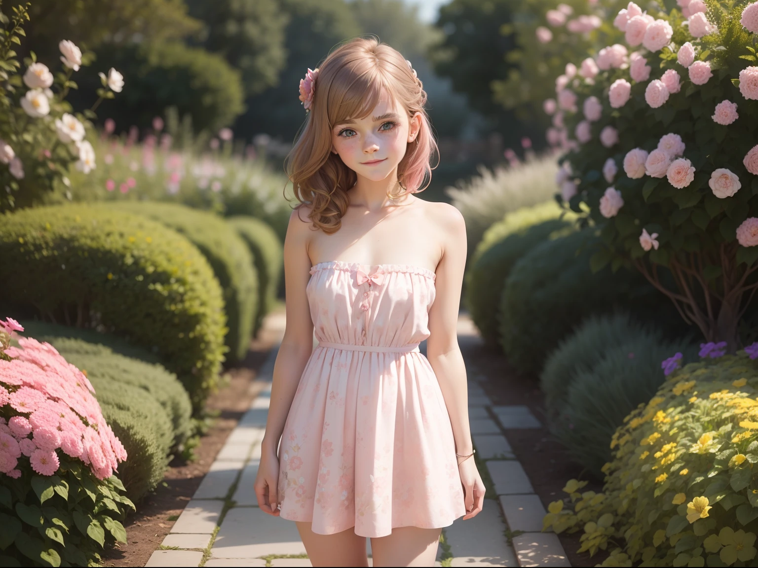 tween Emma Watson wearing a light pink floral patterned strapless playsuit in the garden, small bust, small chest, cute smile, light pink head accessories