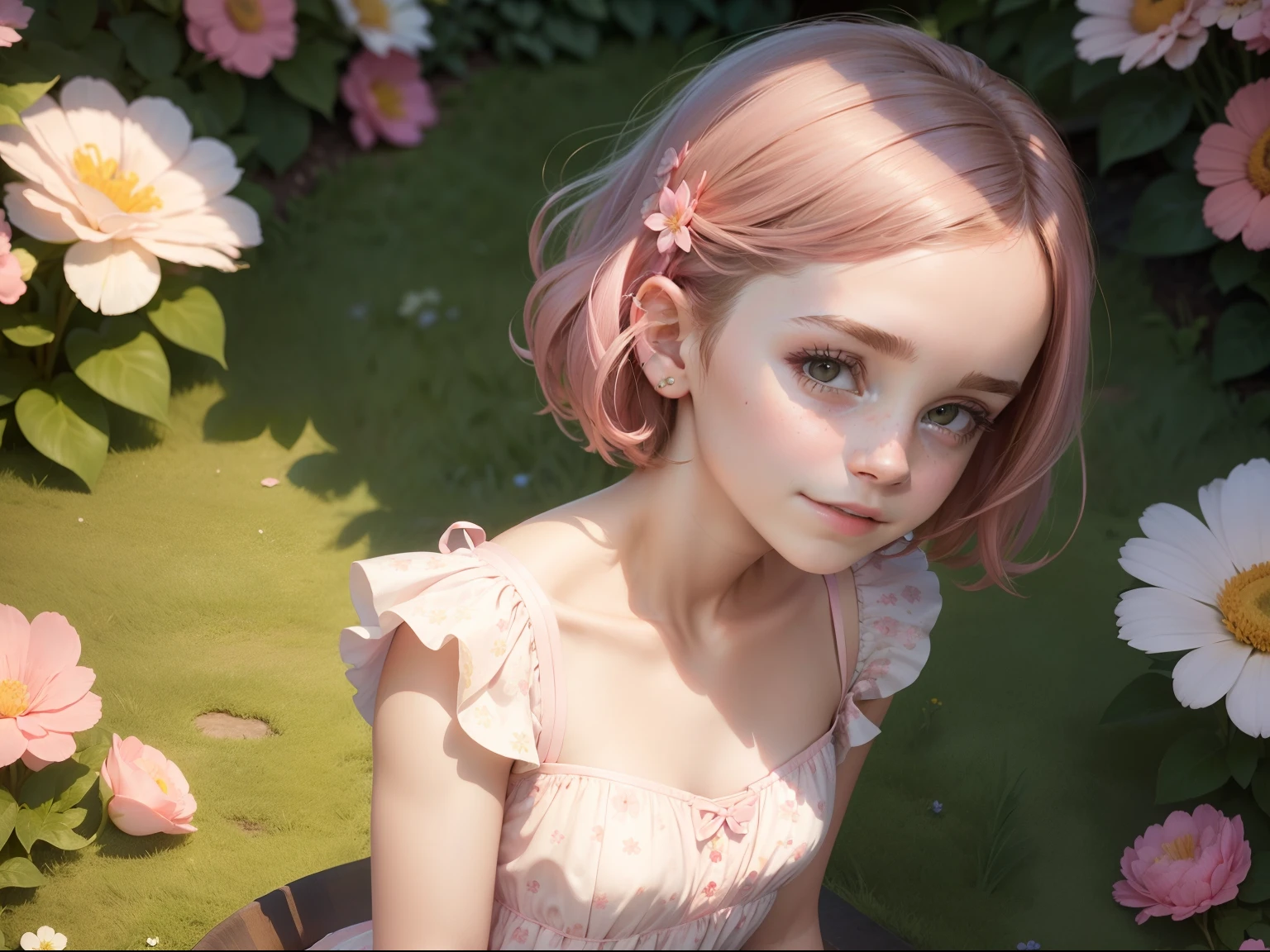 super cute girl IP by pop mart, eyes with brightness, cherub,Small long skirt, Glossy and delicate,Flower sea background, a 3D render