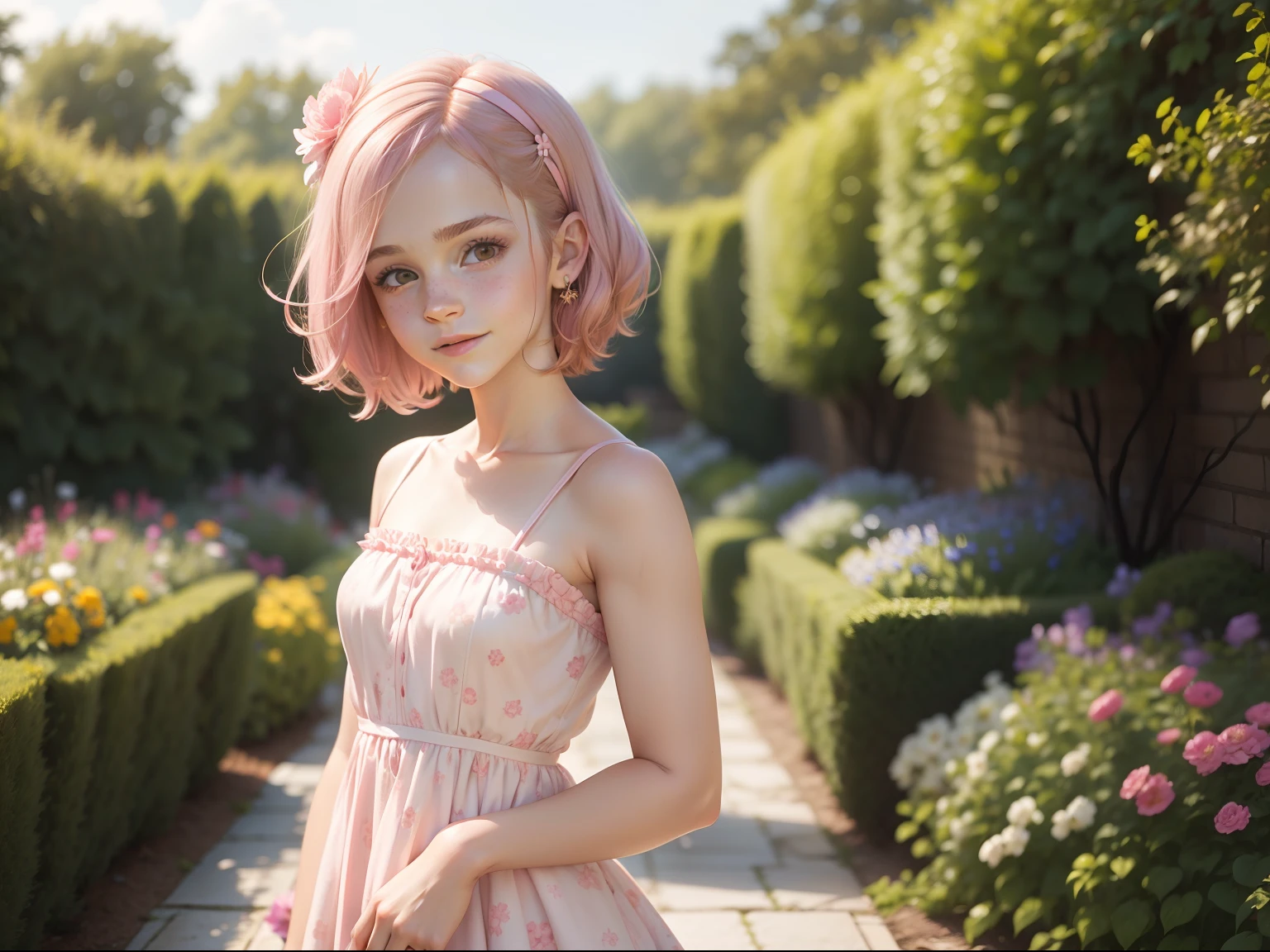 tween Emma Watson wearing a light pink floral patterned strapless playsuit in the garden, small bust, small chest, cute smile, light pink head accessories