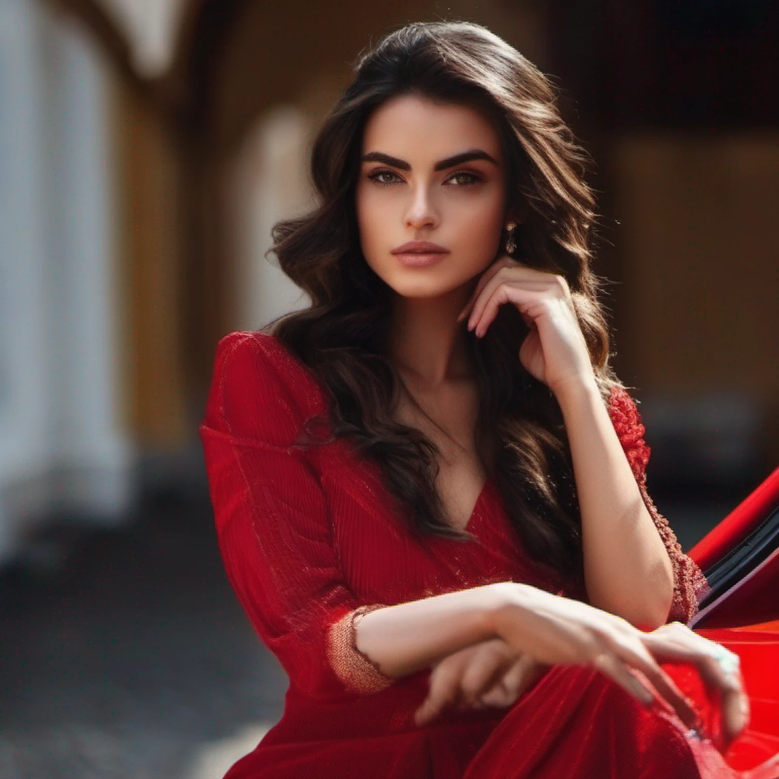 (obra-prima, melhor qualidade),1 jovem morena com cabelos claros sentada em uma Ferrari vermelha, the hand under his chin, warm lighting, vestido curto, close-up desfocado