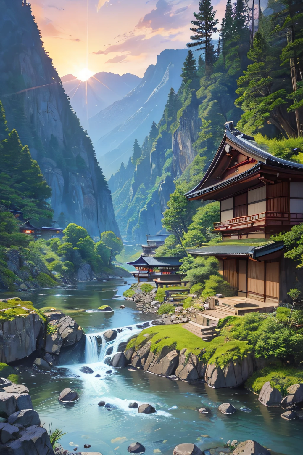 A very detailed and mystical realistic Japanese dragon flies over a river that winds between the rocks. It is magnificent and spiritual. In the distance, a traditional Japanese village near the mountains. The sun rises and we still see planets, the galaxy and the Milky Way