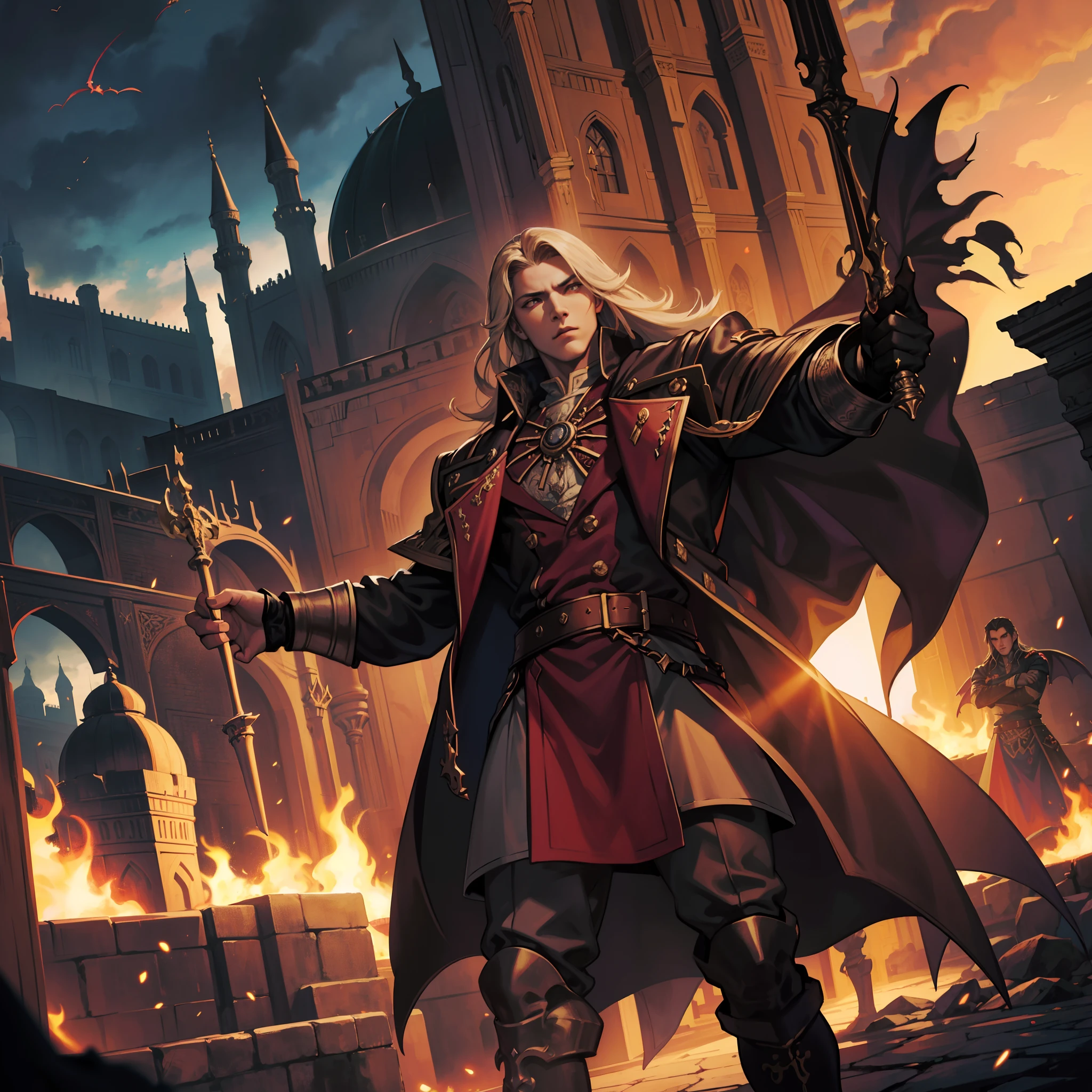 Castlevania Shadow Lord hyper realistic super detailed Dynamic shot masterpiece cinematic scene scenes movie Epic Legendary perspective Lord Dracula's environment leading troops armed with demons into battle in the Moroccan environment Islamic architecture