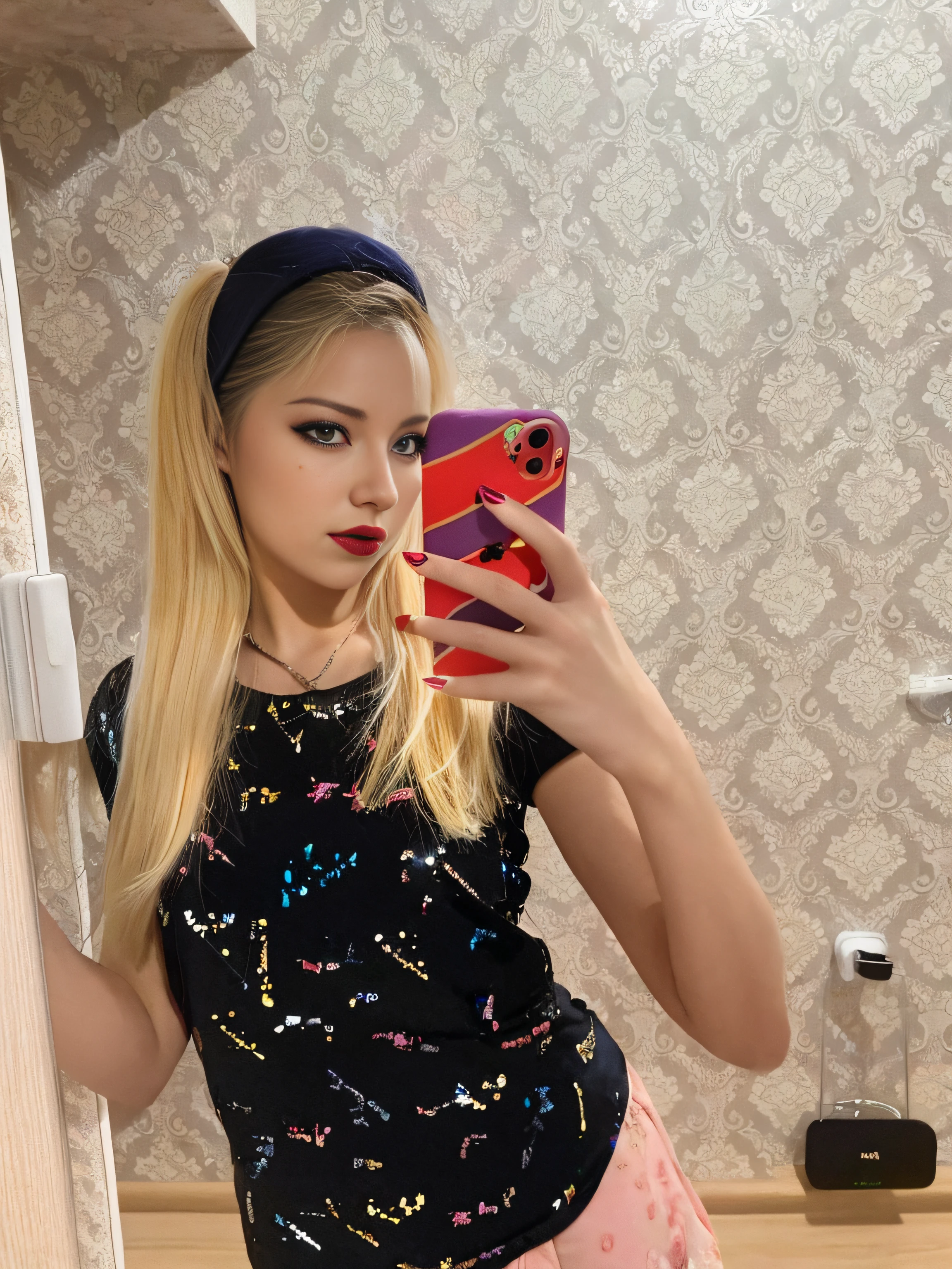 Blonde takes selfie in mirror with mobile phone, Blonde in a space dress, selfie of a young woman, anna nikonova aka newmilky, with long blond hair, taken in 2 0 2 0, profile image, iphone selfie, Mirror selfie, blonde hair with pigtails, selfie photography 8k, Filmed in 2022