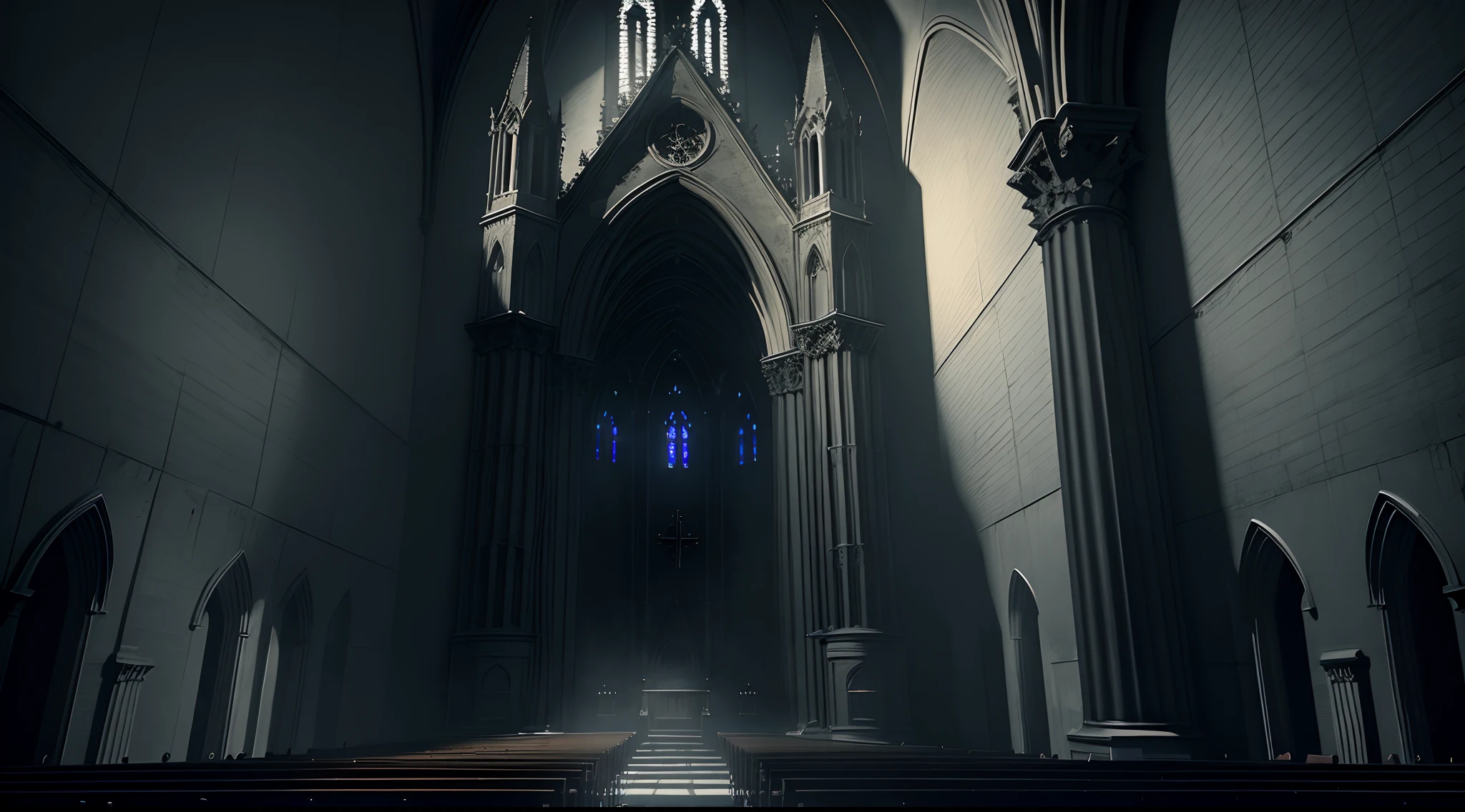 Dark empty intern of a gothic church, horror cinematic ambient, dark atmosphere, ominous background, cinematic lights, night, dark, ultra detailed, photorealistic, masterpiece.