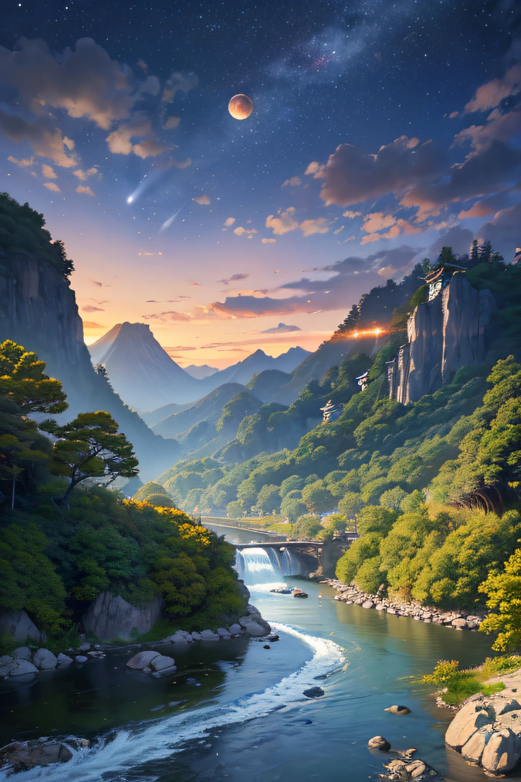 A dragon very detailed and mystical realistic Japanese flies over a river that winds between the rocks. It is magnificent and spiritual. In the distance, a traditional Japanese village near the mountains. The sun rises and we still see planets, the galaxy and the Milky Way