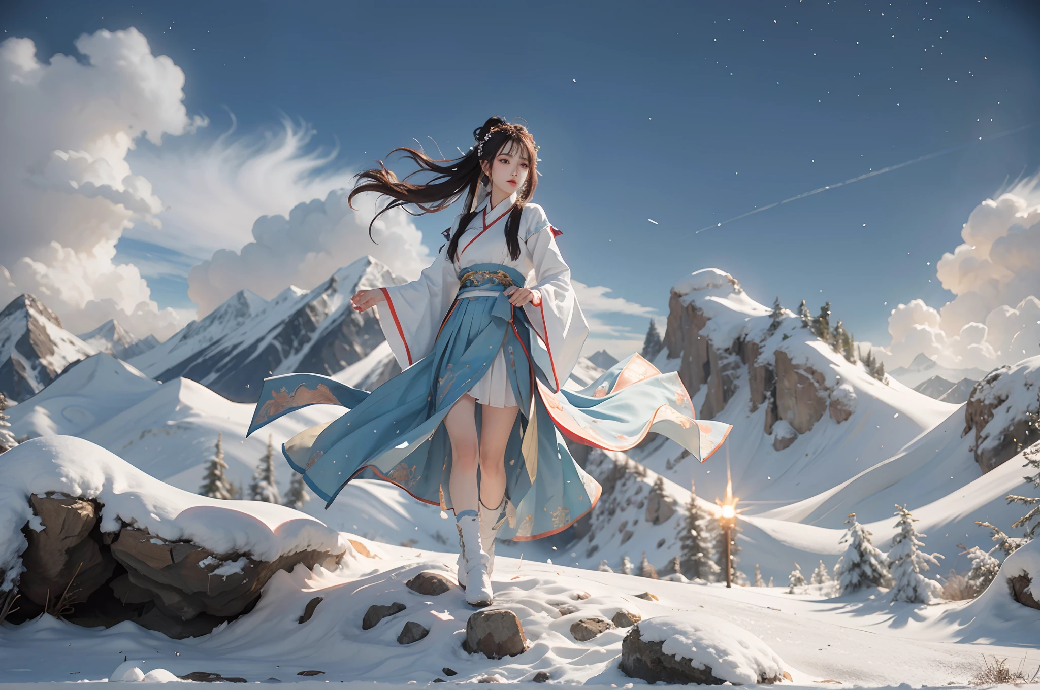 8K,tmasterpiece，Volumetriclighting，eventide， one-girl，beuaty girl，Dynamic action，with hands behind her back，standing in the snowy mountain，Hanfu，short  skirt，Casual hairstyle，Messy hair，Cool，blue gem