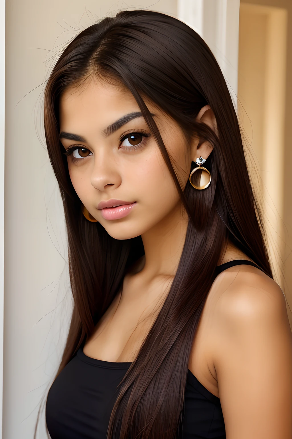 pretty latina girl , dark brown hair, very big eyes, natural, minimal makeup, beauty spot on face, dimples, brown eyes. long hair, earrings,