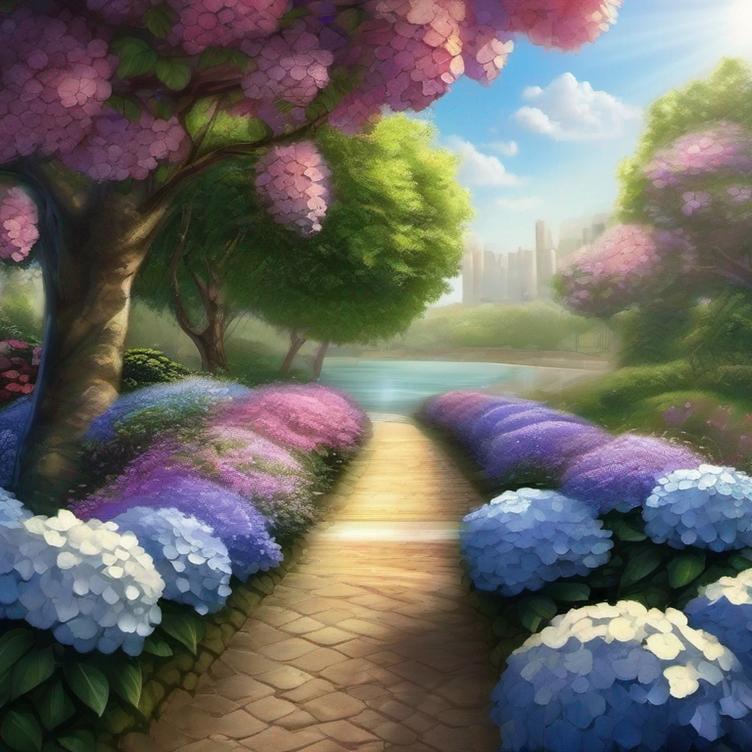 hydrangeas, parque, lago, pequenas colinas, caminho de seixos,Anime peito grande, master part, best quality, anatomicamente correto, Detalhes altos, 8k, O papel de parede