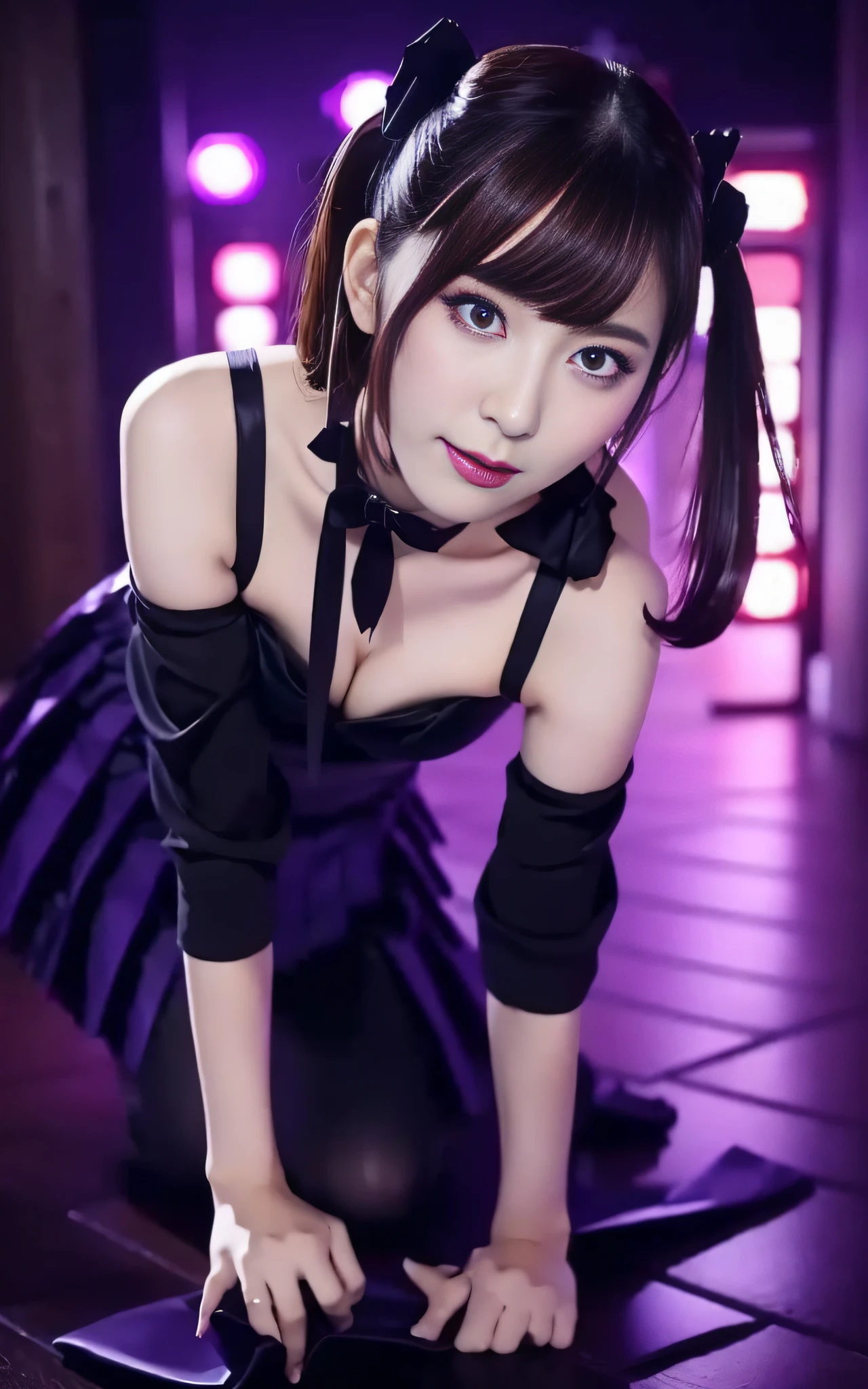 Charming Japanese style beauty、Brown hair、Evil Female Executive、Night city、Move ki、The Darkness、seductiv、brainwash、Retrofit equipment、Evil Fall、wicked、darkness、Purple Eyeshadow、black pantyhose、Evil Bride、Black pleated skirt、Dark