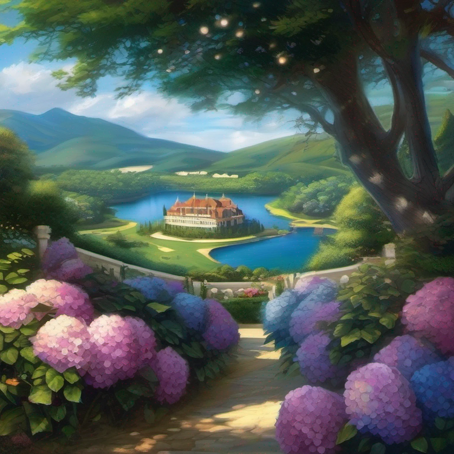 hydrangeas, parque, lago, pequenas colinas, caminho de seixos,Anime peito grande, master part, best quality, anatomicamente correto, Detalhes altos, 8k, O papel de parede