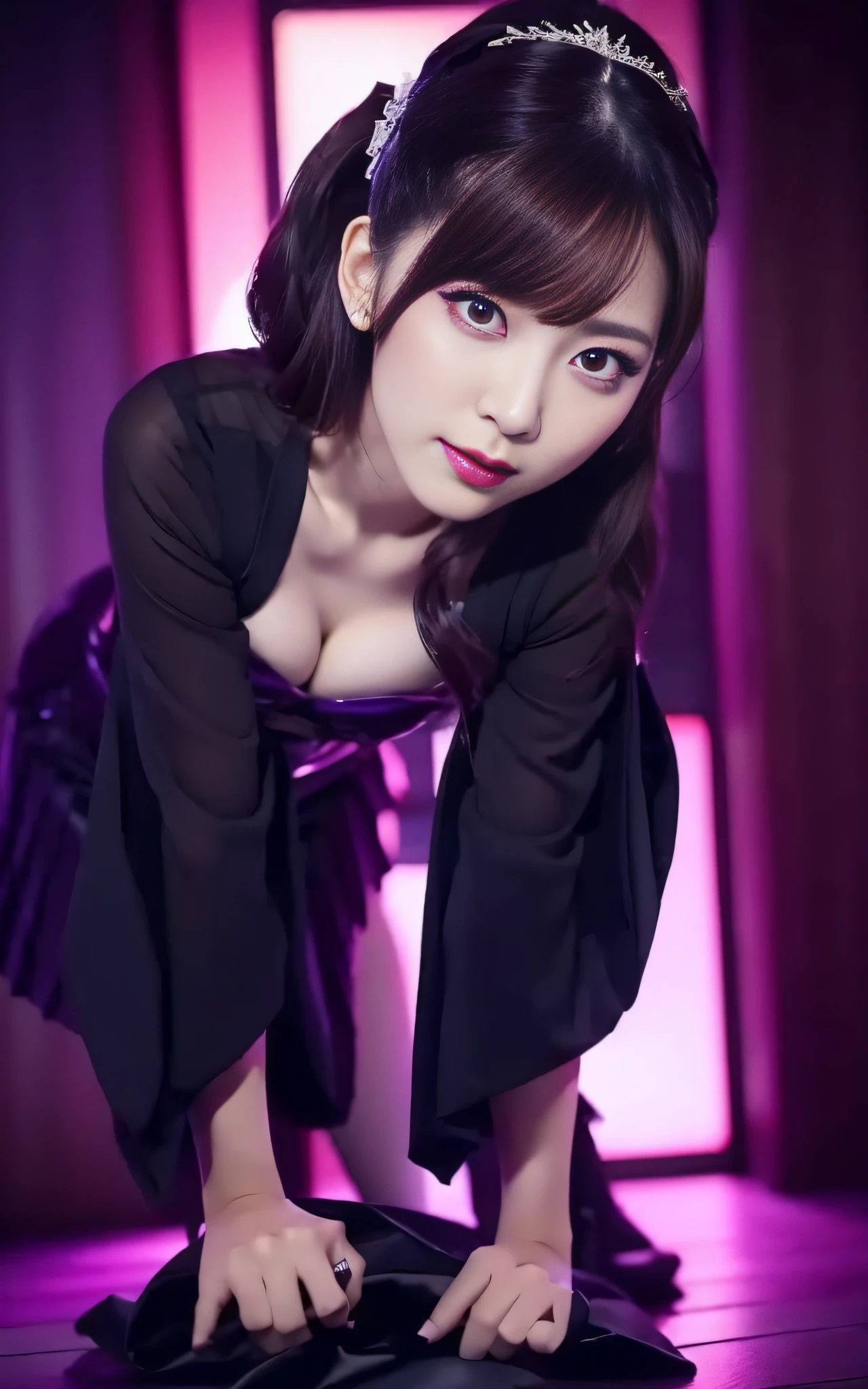 Charming Japanese style beauty、Brown hair、Evil Female Executive、Night city、Move ki、The Darkness、seductiv、brainwash、Retrofit equipment、Evil Fall、wicked、darkness、Purple Eyeshadow、black pantyhose、Evil Bride、Black pleated skirt、Dark