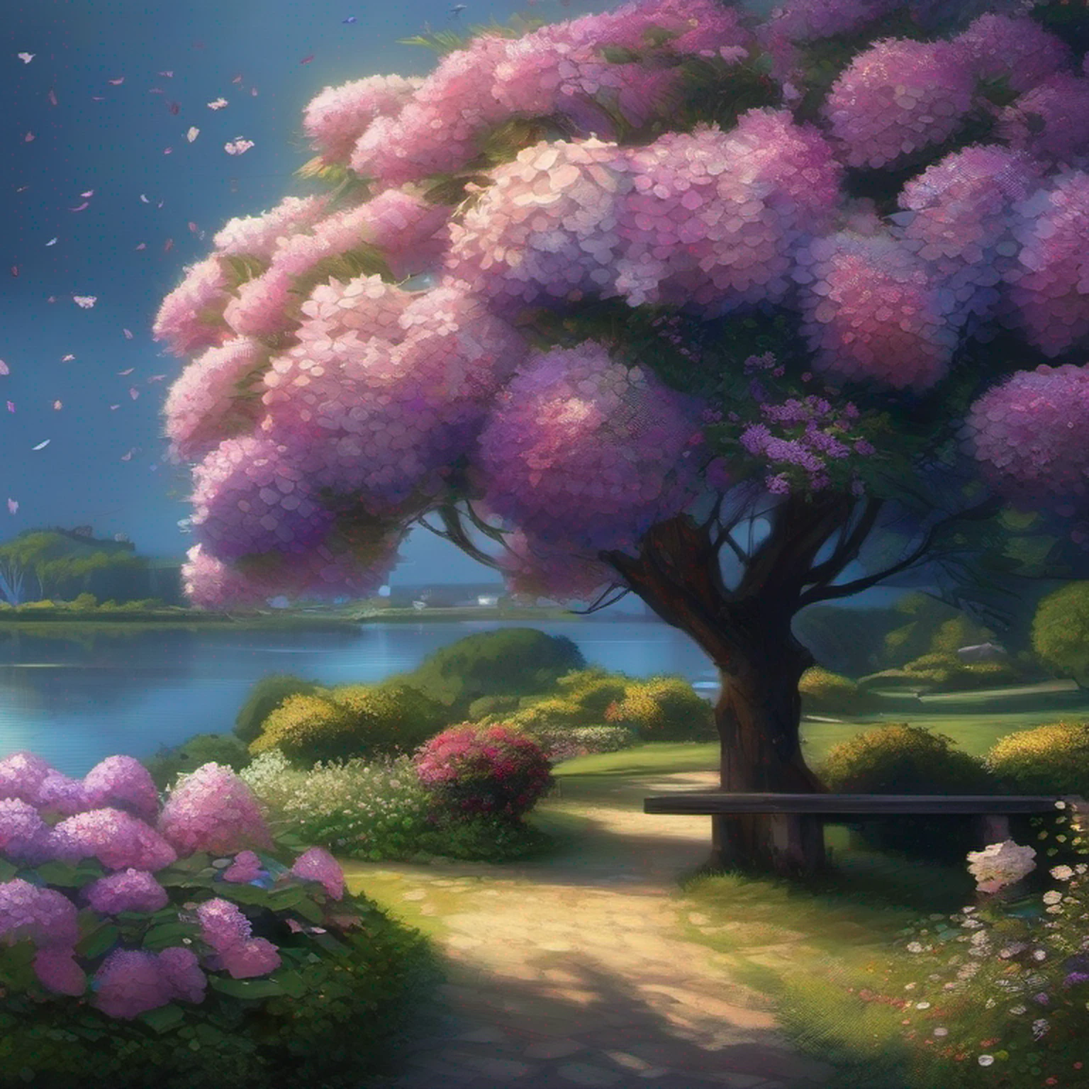 hydrangeas, parque, lago, pequenas colinas, caminho de seixos,Anime peito grande, master part, best quality, anatomicamente correto, Detalhes altos, 8k, O papel de parede