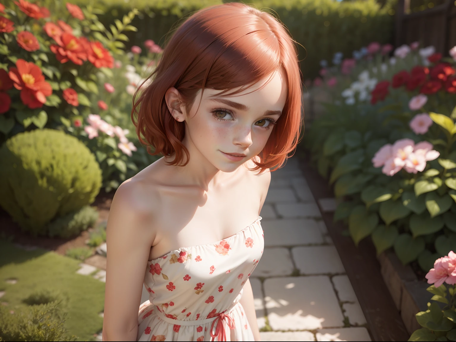 tween Emma Watson wearing a pale red floral patterned strapless playsuit in the garden, small bust, small chest, cute smile, pale red head accessories, pale red bracelet.