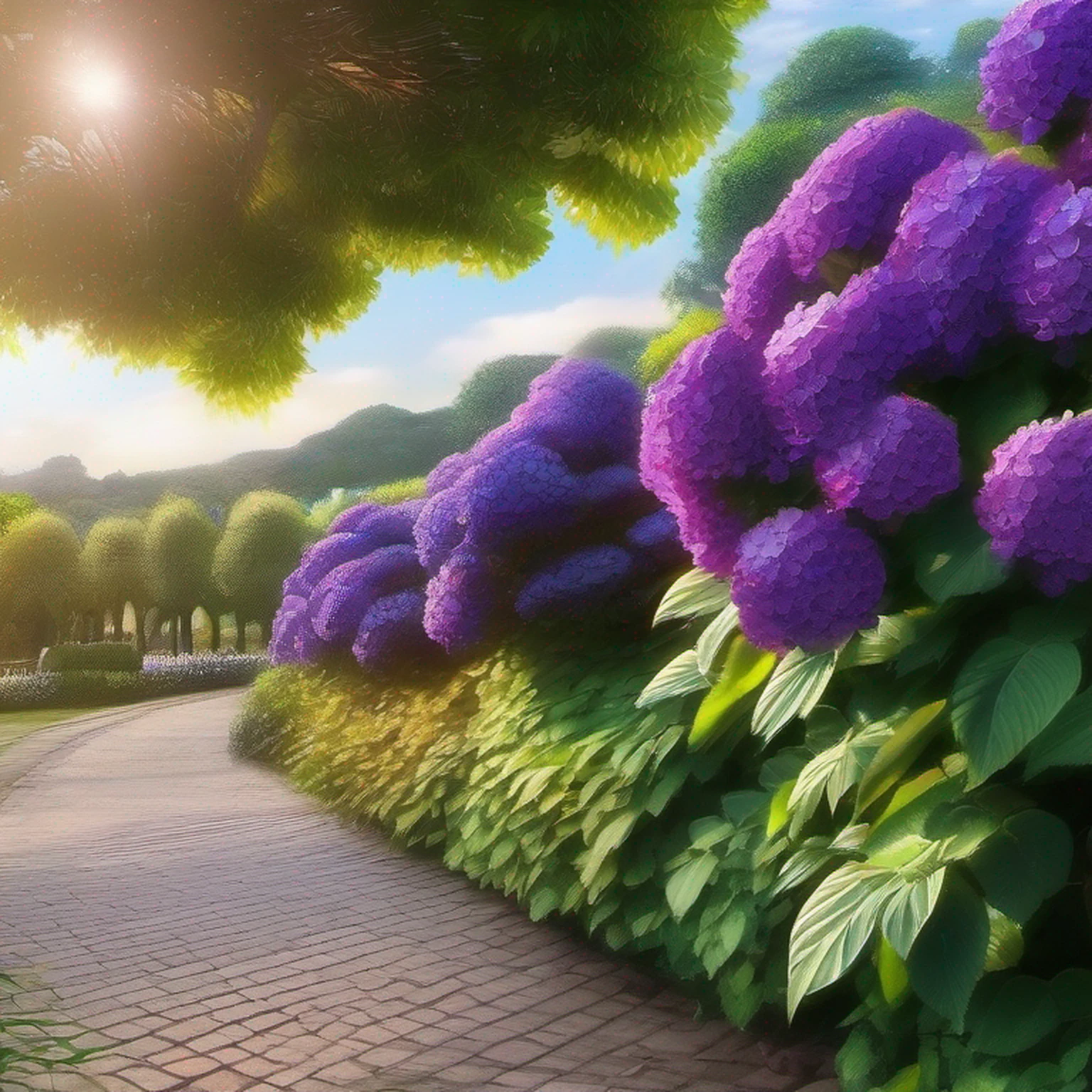 hydrangeas, parque, lago, pequenas colinas, caminho de seixos,Anime peito grande, master part, best quality, anatomicamente correto, Detalhes altos, 8k, O papel de parede