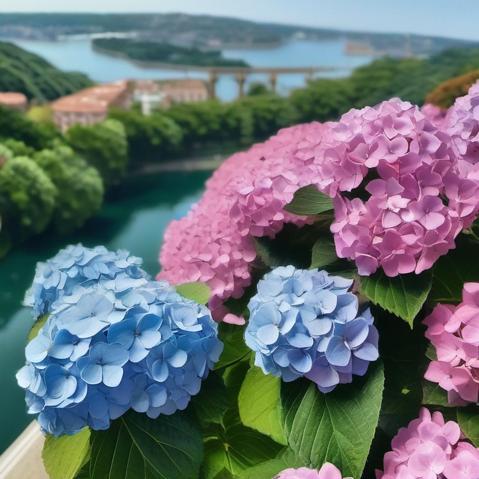 hydrangeas, parque, lago, pequenas colinas, caminho de seixos,Anime peito grande, master part, best quality, anatomicamente correto, Detalhes altos, 8k, O papel de parede