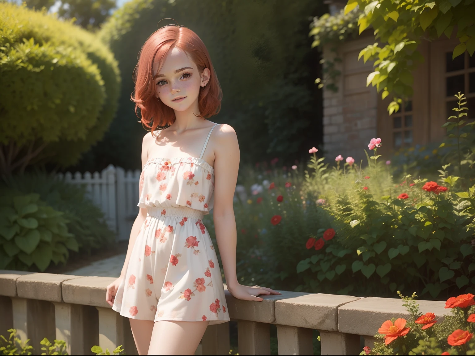 ten Emma Watson wearing a pale red floral patterned strapless playsuit in the garden, small bust, small chest, cute smile, pale red head accessories, pale red bracelet.