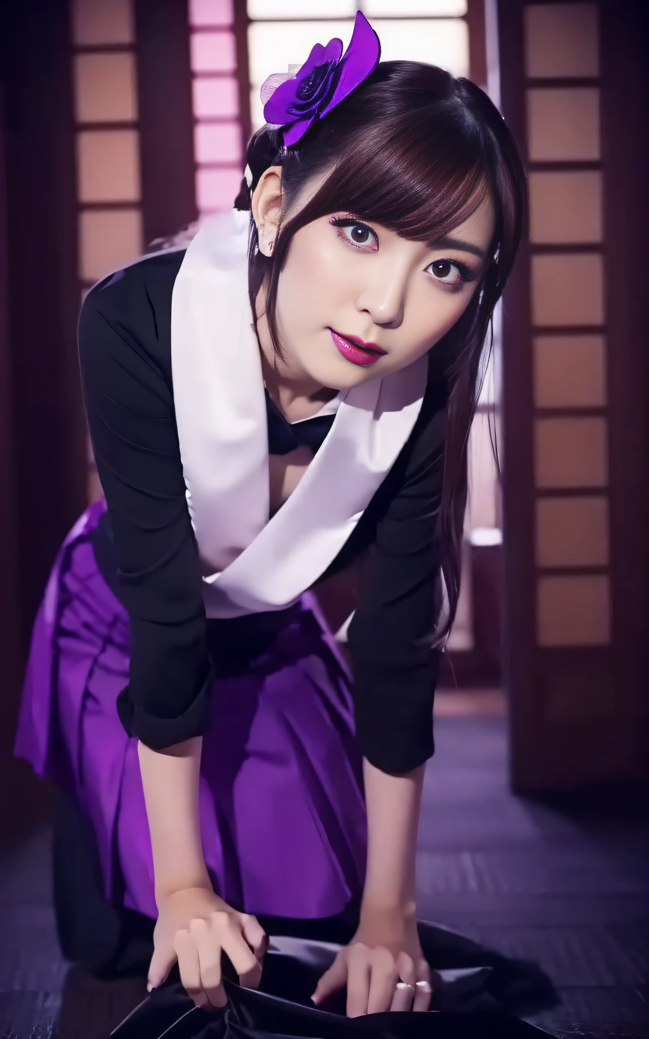Charming Japanese style beauty、Brown hair、Evil Female Executive、Night city、Move ki、The Darkness、seductiv、brainwash、Retrofit equipment、Evil Fall、wicked、darkness、Purple Eyeshadow、black pantyhose、Evil Bride、Black pleated skirt、Dark