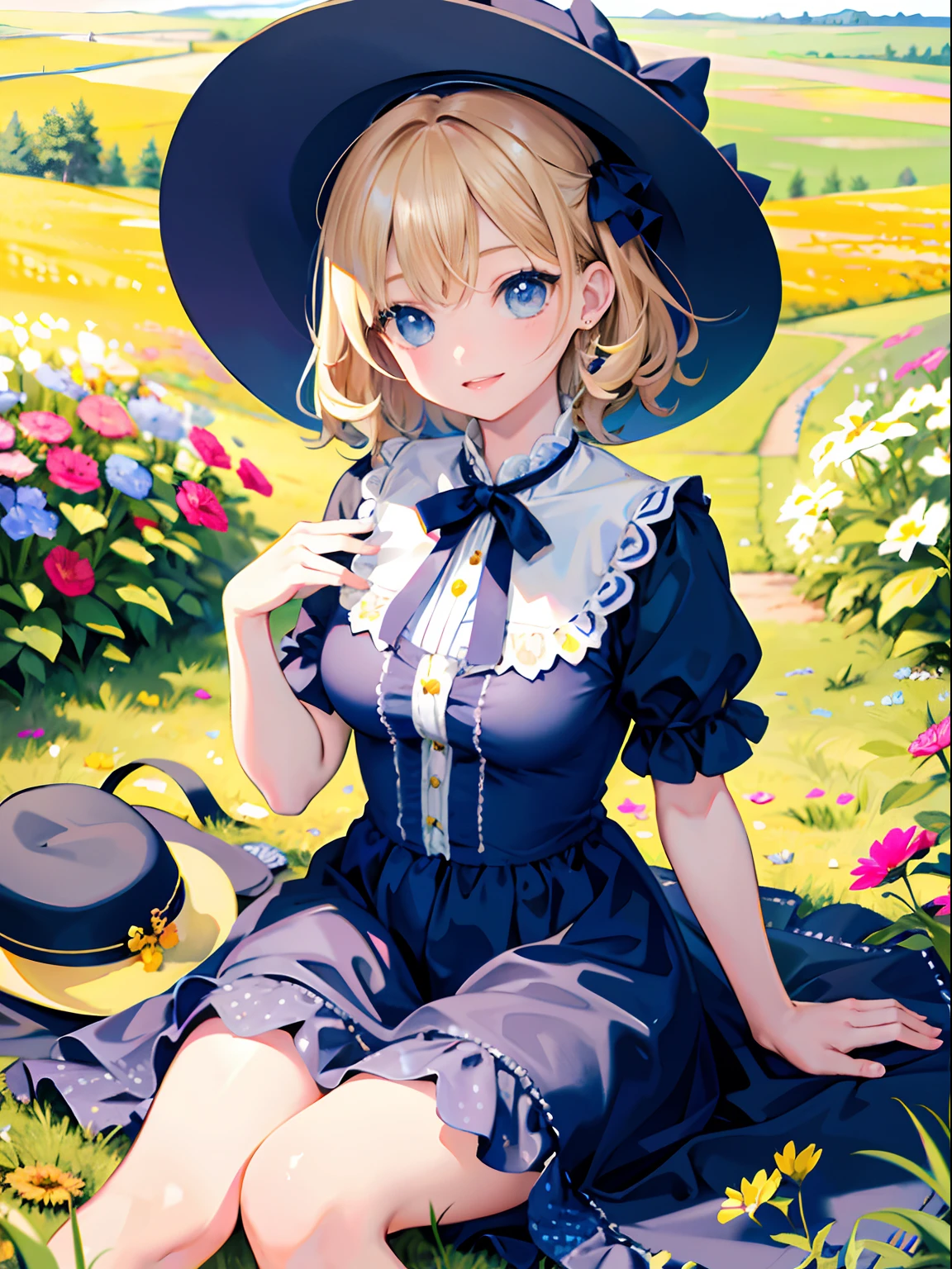 Highly detailed face, perfect lighting, best quality, photorealistic as a photo, super detailed, masterpiece, round hat with ribbon, short curly blonde hair, big blue eyes, cheerful look, curvaceous, sitting in a field of wildflowers, wearing a pink polka dot dress, one girl,