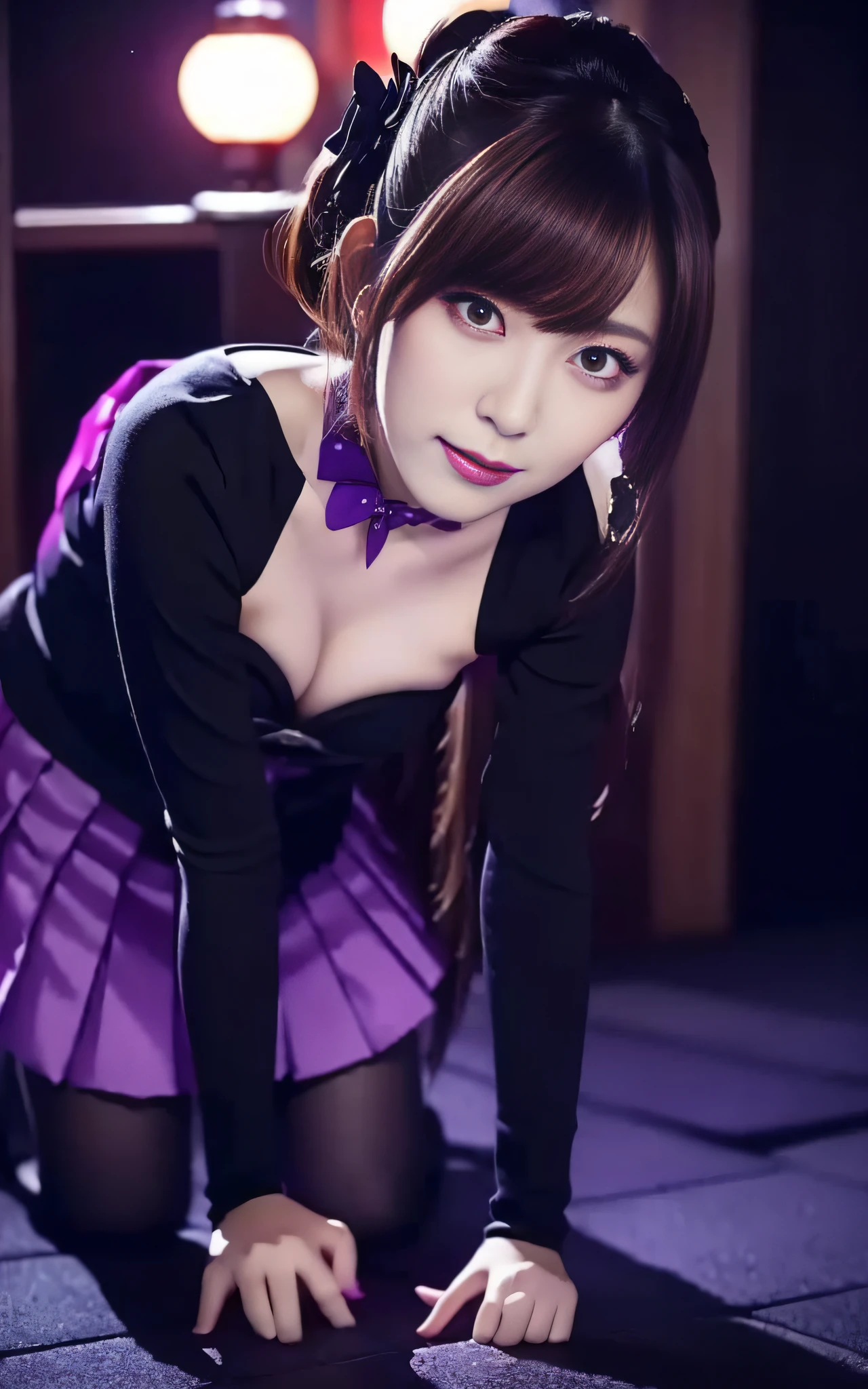 Charming Japanese style beauty、Brown hair、Evil Female Executive、Night city、Move ki、The Darkness、seductiv、brainwash、Retrofit equipment、Evil Fall、wicked、darkness、Purple Eyeshadow、black pantyhose、Evil Bride、Black pleated skirt、Dark