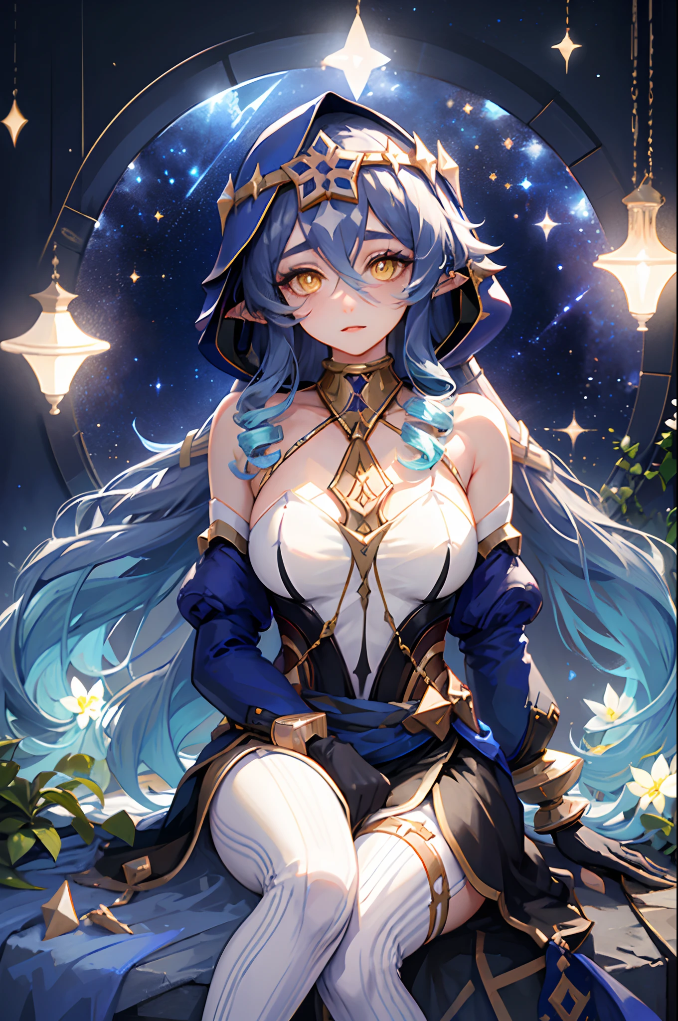 1girl solo, layla, yellow eyes, very long blue hair, blue hood, bare shoulders, detached sleeves, blue dress, white top, golden collar, golden accessories, in a greenhouse at night, glass greenhouse, big plants and flowers, night sky with stars