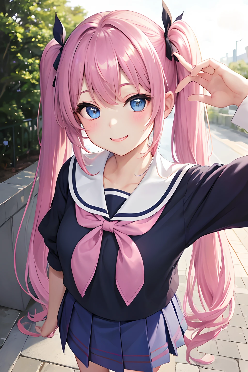 Anime girl with pink hair and blue eyes posing for a picture - SeaArt AI