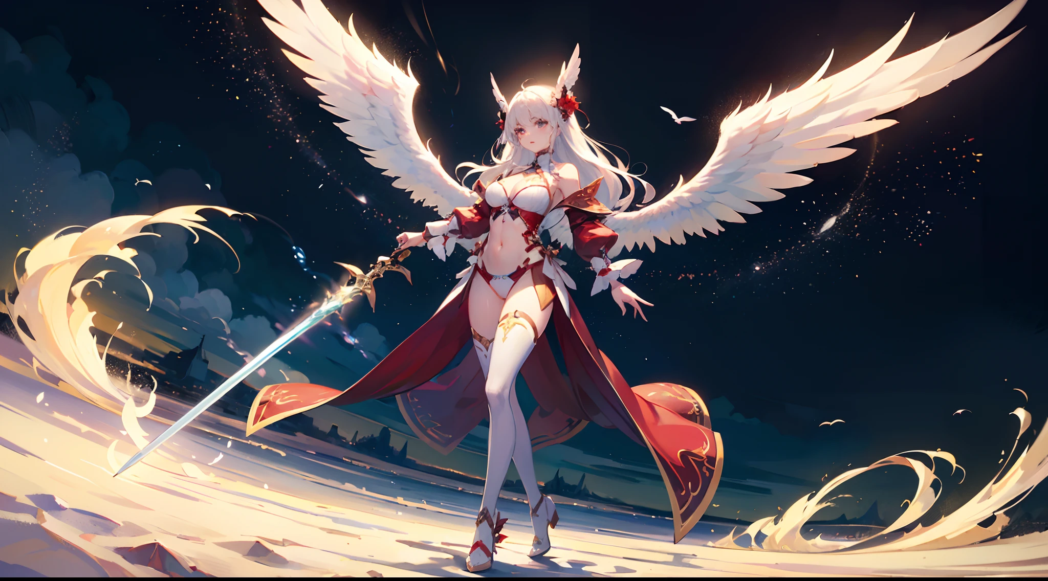 ((16K image quality,ultra-definition、The highest masterpiece,Best Quality)), maxiskit, Mysterious and fantastic outfit using red and white、a 1 girl, 独奏, Full body, wide shoot, Graceful standing, Raise your sword, White hair, Long hair, valkyrie,Angel、(Wings spread wide to the left and right、Countless soft feathers flutter)、White bra, side bun, from the front side, extra size body,Dusty wilderness, look at viewr、
