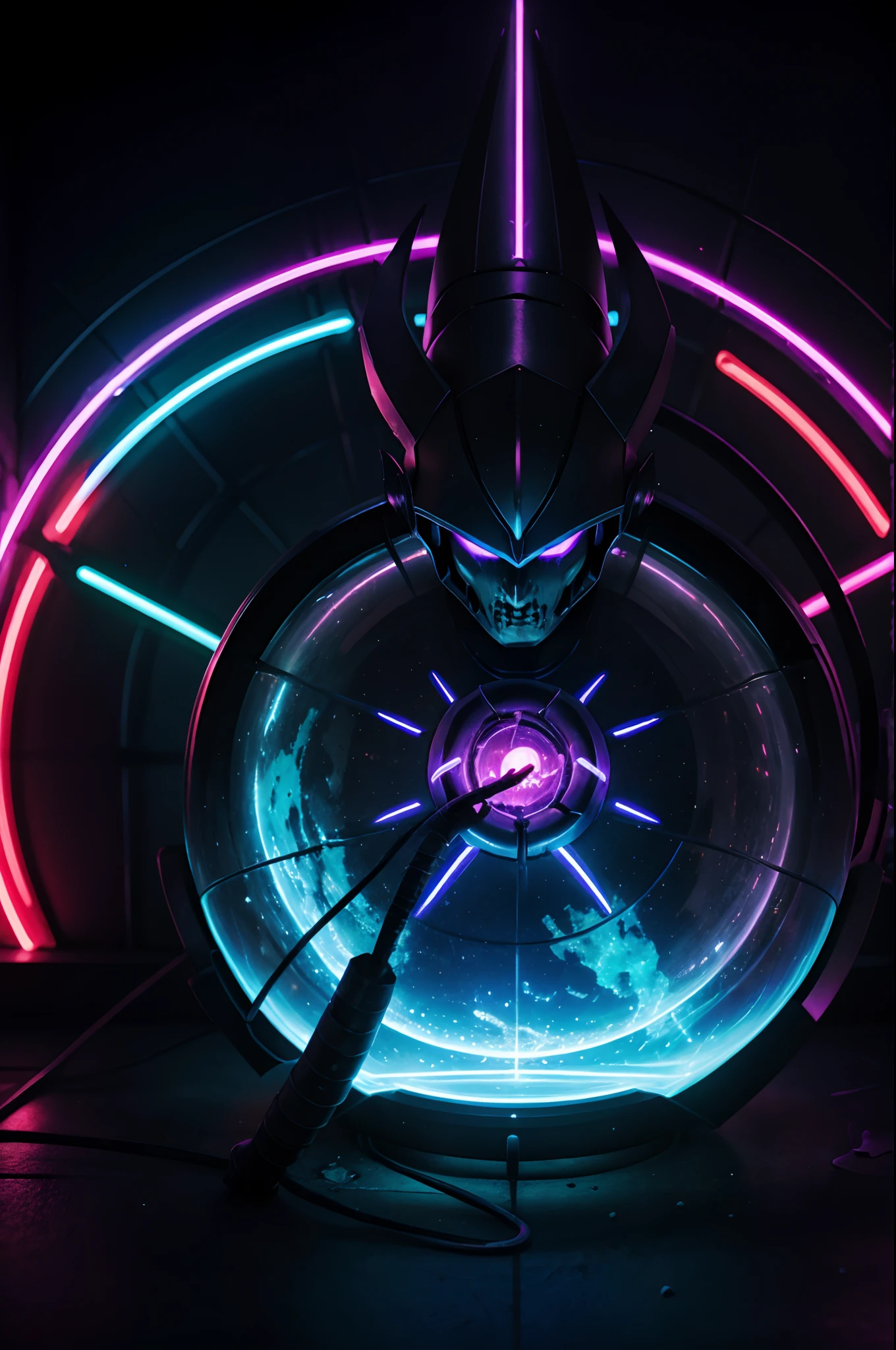 dark elf, overlord, intergalactic, neon, planetary destruction, neon, water ball,