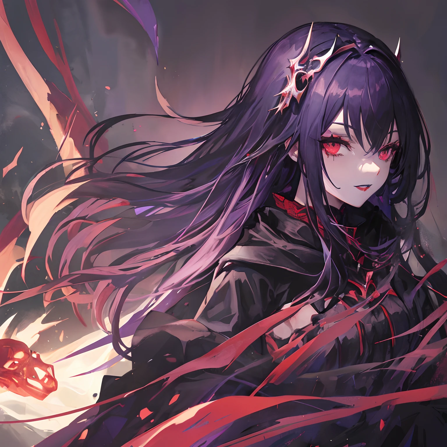Woman, long dark purple hair, red eyes with a bright light, black long open dress, witch, silver jewelry in the shape of ribs, metal mask on half of the face, black lipstick