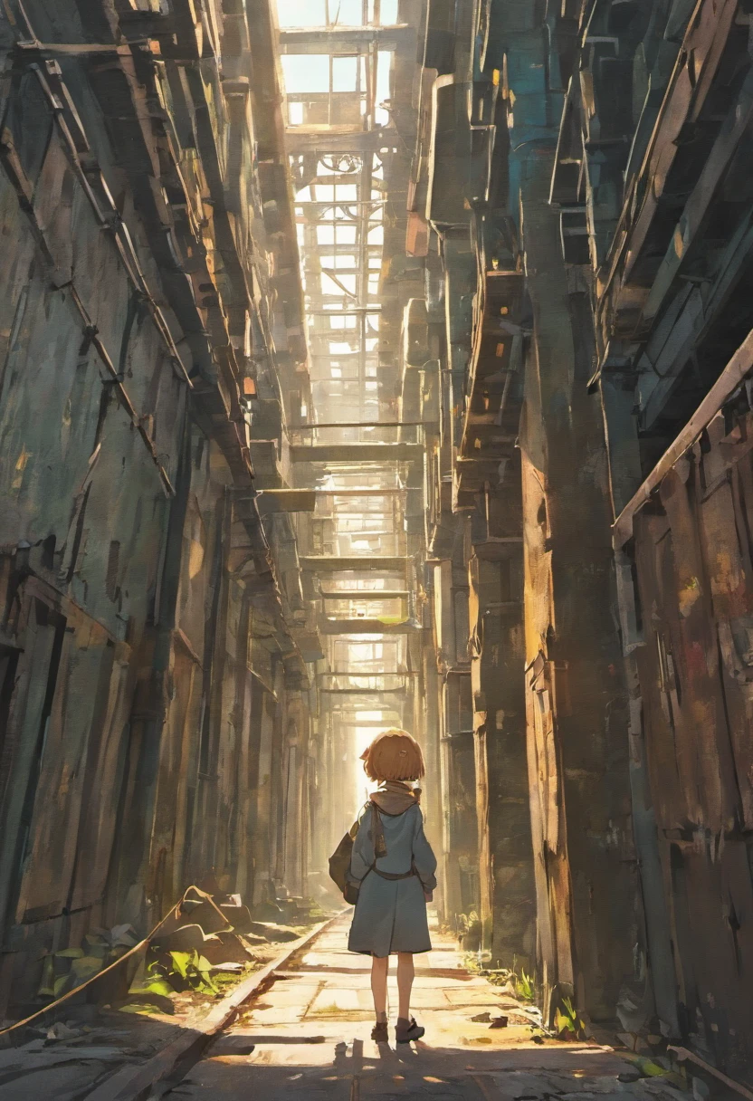 A curious 12-year-old Max, peering into an old, abandoned factory, with a sense of wonder in his eyes, best quality