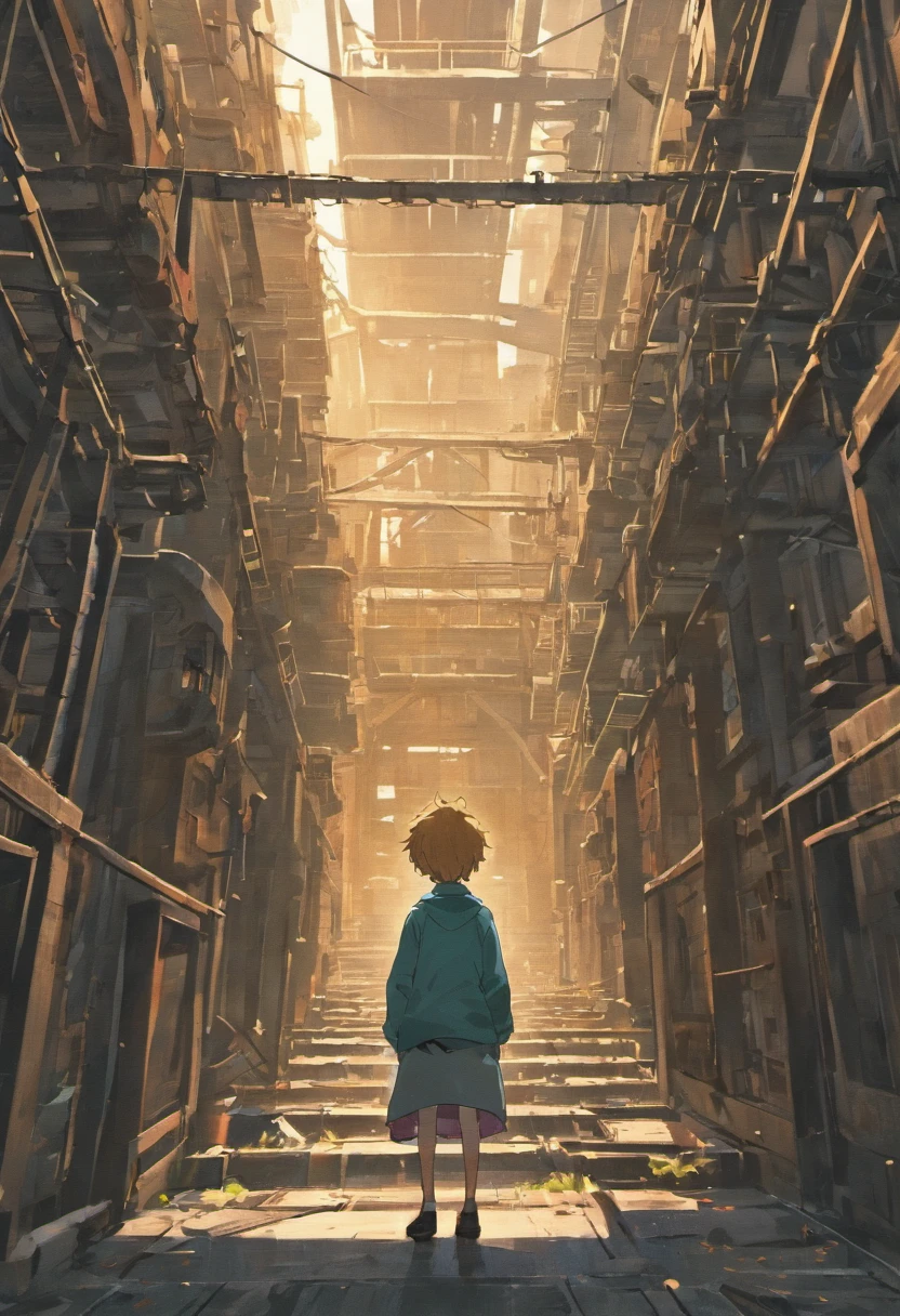 A curious 12-year-old Max, peering into an old, abandoned factory, with a sense of wonder in his eyes, best quality