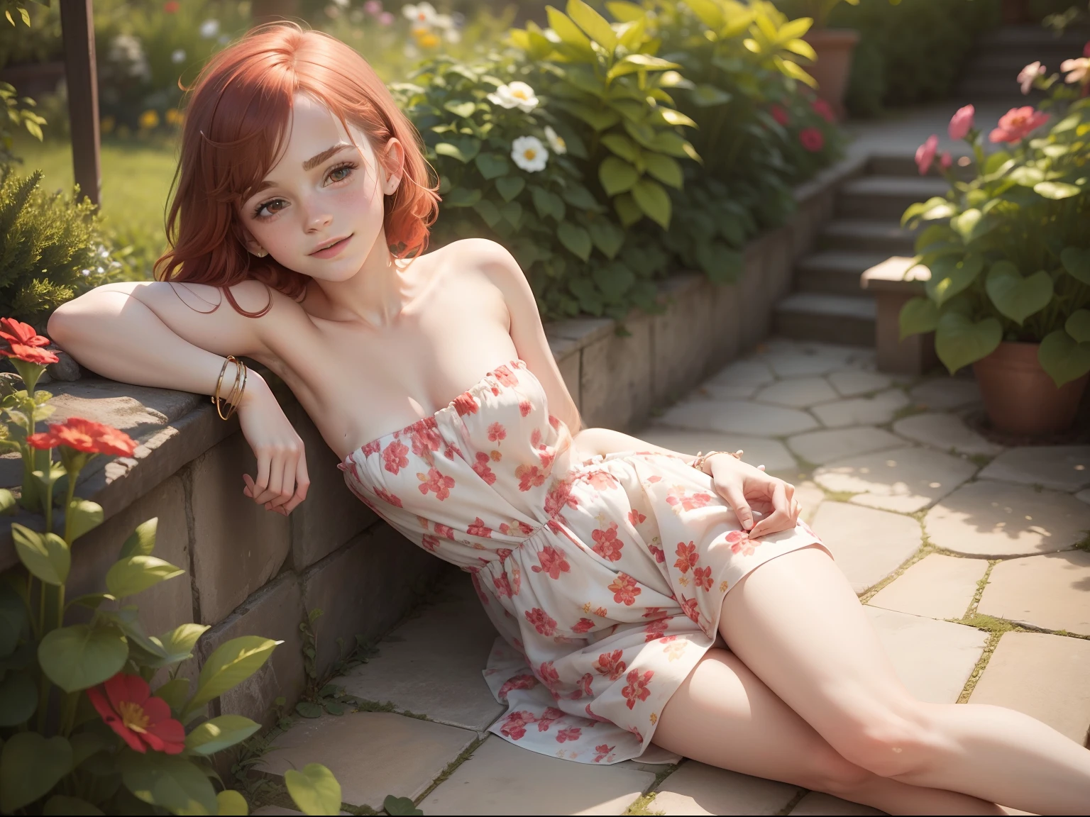 tween Emma Watson wearing a pale red floral patterned strapless playsuit in the garden, small bust, small chest, cute smile, pale red head accessories, pale red bracelet.