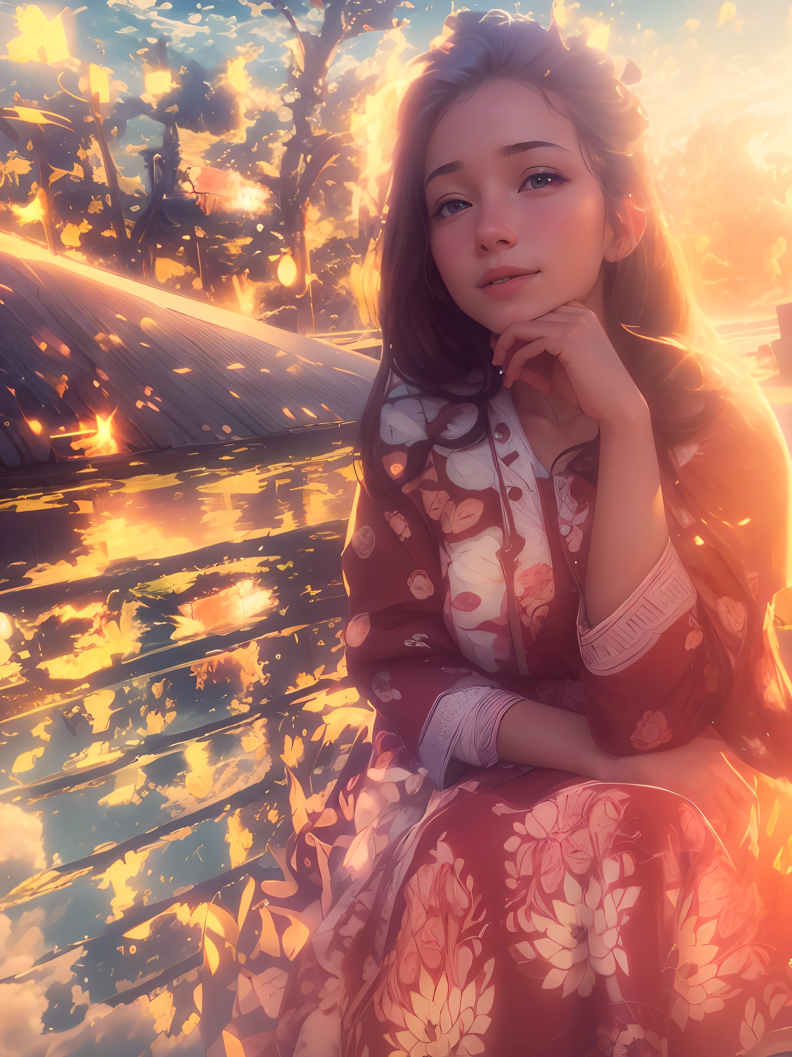 masterpiece, best quality, movie still, 1girl, cloud girl, floating in the sky, close-up, bright, happy, warm soft lighting, sunset, (sparks:0.7)