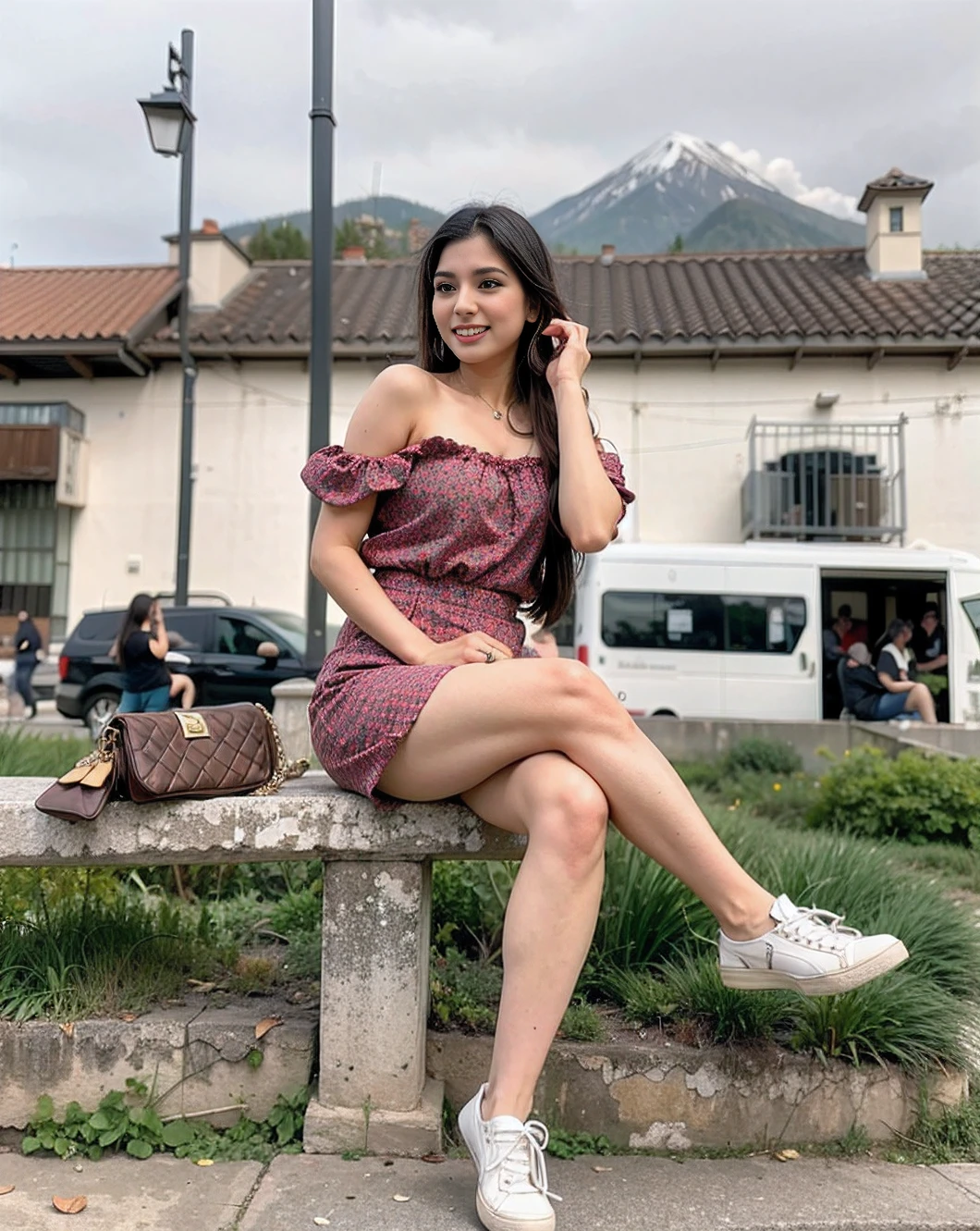 Araffe sitting on a bench in a park talking on a cell phone, with mountains in the background, with a volcano in the background, Julia Fuentes, Pose casual, with mountains in background, Sentado en un banco, linda joven, Mujer linda, alanis guillen, Cara bonita con brazos y piernas, hermosa dama, Sentado en el banco, adriana dxim