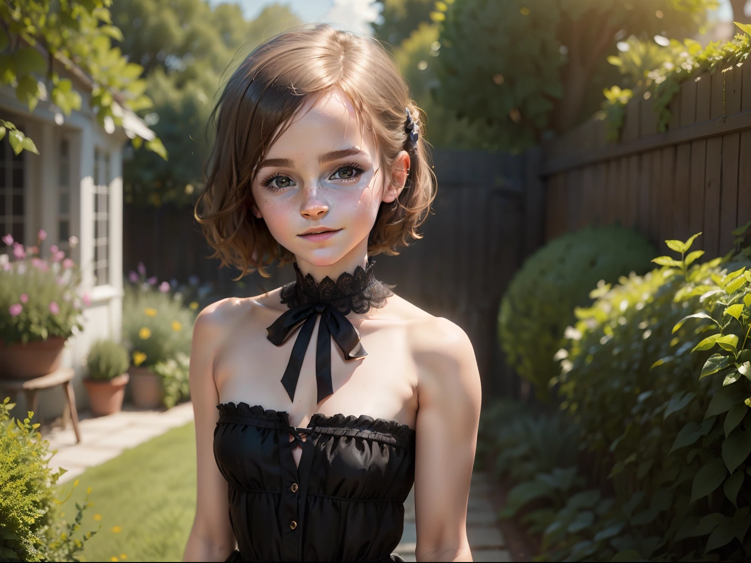 ten Emma Watson wearing a black gothic strapless playsuit in the garden, small bust, small chest, cute smile, black head accessories.