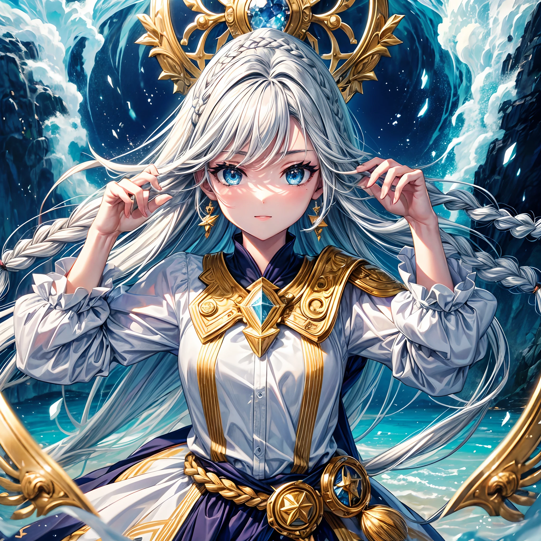 obra prima、qualidade superior、alta resolução、imagens de alta qualidade、8k、1Donzela、Detalhes、detalhe、Detailed eye representation、brilho da pele、cabelos brilhantes、loira-platina、long braided hair、cabelos macios、Anastasia、Xadrez de vidro、strategy、brains