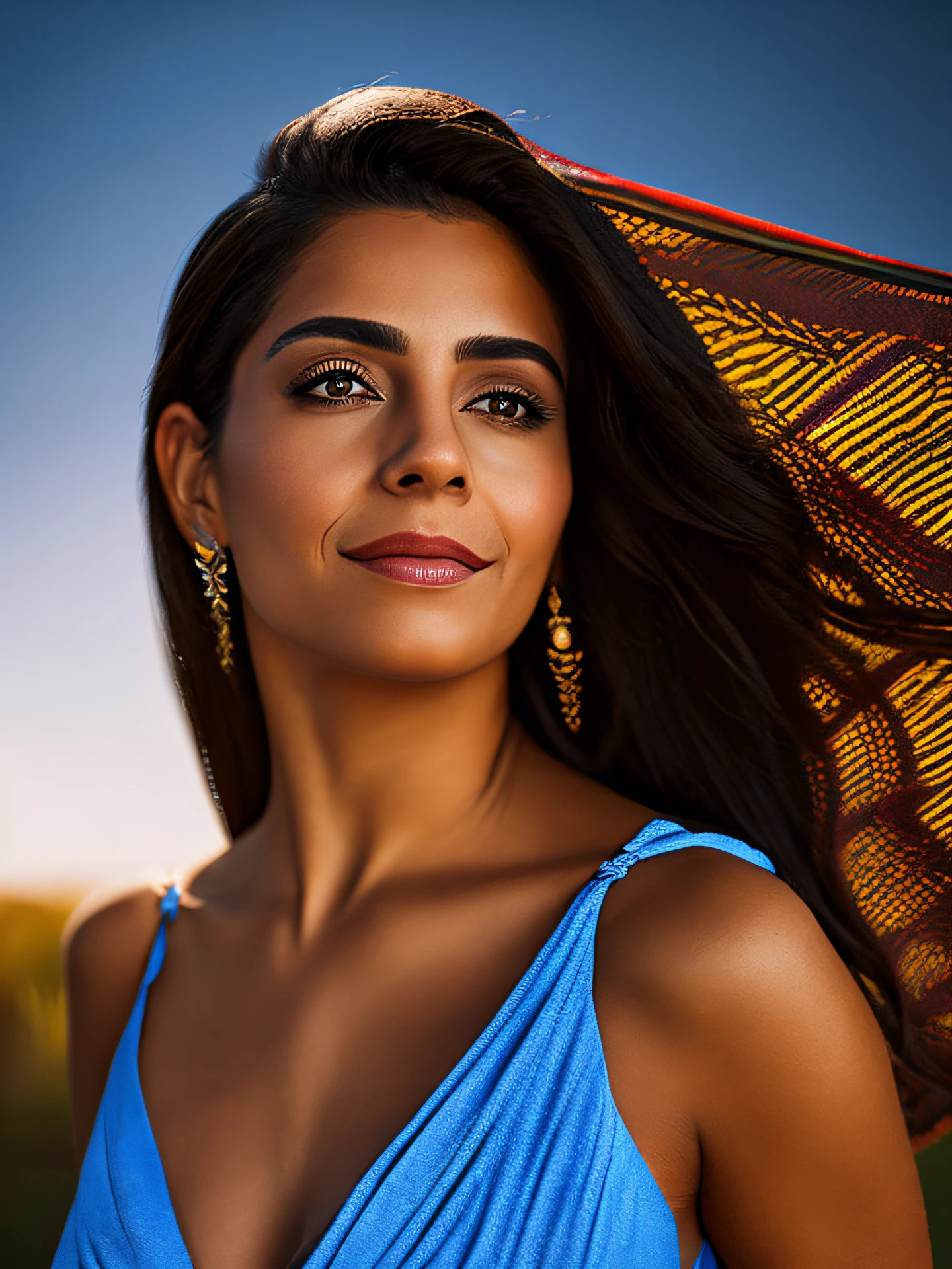 Detailed and realistic portrait of a beautiful 30-year-old Latina girl with, ojos redondos, cabello desordenado, cabello rizado, Filmado afuera, con un vestido de sol azul real, staring at the camera, labios agrietados, luz_They are smiling, Soft natural lighting, portrait photography, Magical photography, Dramatic lighting, Foto realism, ultra detallado, (dynamic_pose:1.1),   Disparo de cuerpo completo, looking straight into camera