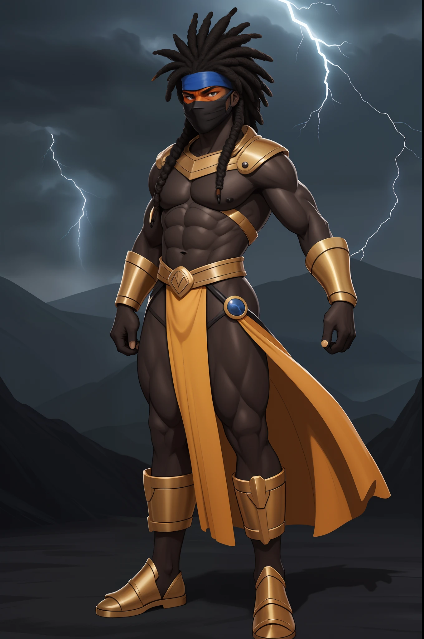 Create an image of a black ninja after an apocalypse in the future, afro cabelo caindo para frente, Rasta type but braided,  corpo inteiro,  wearing an Indian costume African ribulo full body, A realistic 4K phoenix with blue orange feathers, dourado, cosmico , with a serious expression and looking forward, corpo inteiro.olhos firmes, olhando para frente, lightning in the sky, arms extended, olhando para frente, parado no topo de uma montanha, manto e capa vermelhos, cruz brilhante no ar