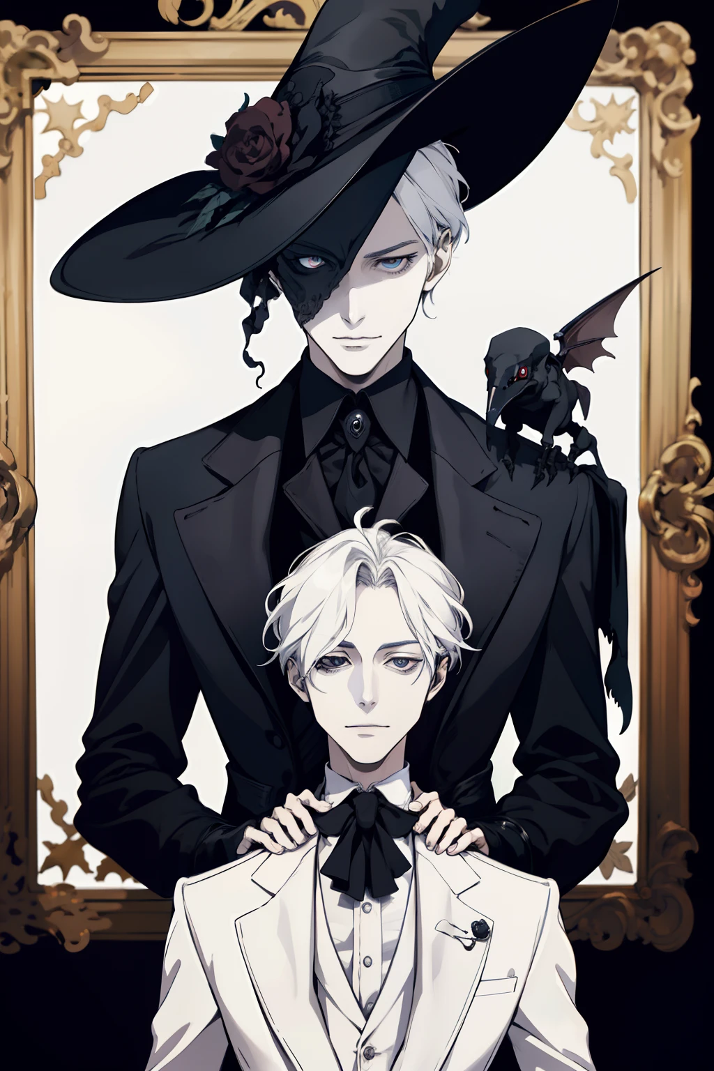 masterpiece, (absurdres:1.1), best quality, extremely delicate, (beautiful face:1.1), elegant, (great composition), bags under eyes,  there is a cartoon of a plaguer with a hat and a feather, dapper dream demon, bloodborne style, !anthropomorphic!, !!!anthropomorphic!!!, plague doctor, the plague doctor, portrait of a bloodborne hunter, anthropomorphic!!, from cryptid academia, nefarious smirk, discord pfp