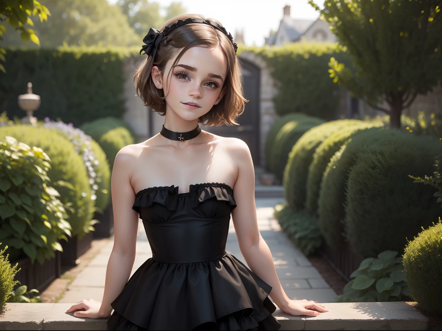 tween Emma Watson wearing a black gothic strapless playsuit in the garden, small bust, small chest, cute smile, black head accessories, black lips.