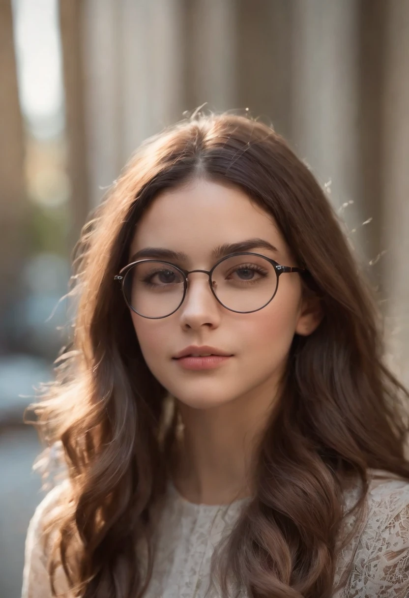 Estilo dos desenhos animados menina corpo inteiro ,cabelo castanho com rabo de cavalo , wearing glasses, different angles, folha de caracteres