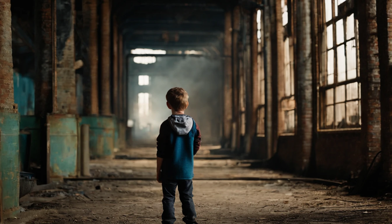 A curious -yeld Mapeering into an old, abandoned factory, with a sense of wonder in his eyes.