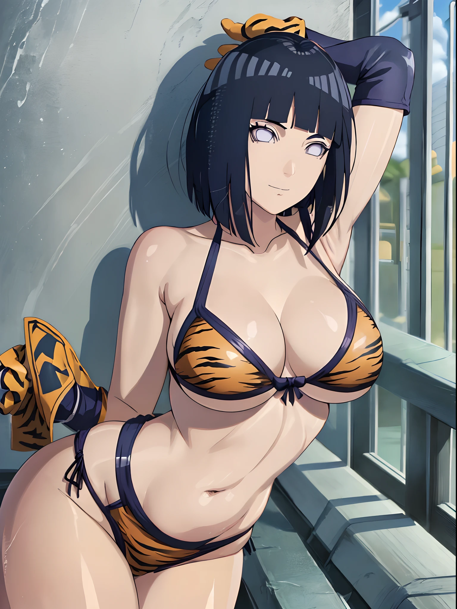 (4k, no angle view, portrait, best quality, cowboy shot), (ultra detailed body, curvy), ((solo, 1 girl)), anime style, hires, ((white background)), (hinata\(boruto\), (female wrestler), (slender body, broad shoulders), (mature woman, milf), (tigress, micro bikini, ultra detailed pro wrestling gear, long gloves, long boots), (extremely gorgeous), (tilt head, seductive look, ((seductive pose, armpit, stretching)), seductive face, seductive expression, (sexy expression), smile, closed mouth), (pale skin, shiny skin, lighting and shadow), (dark blue hair color:1.1), wavy hair, ((short hair, hime cut, floating hair), big breasts, ((detailed arm curves)), (long belly), (very seductive), (perfect eyes, anime eyes)