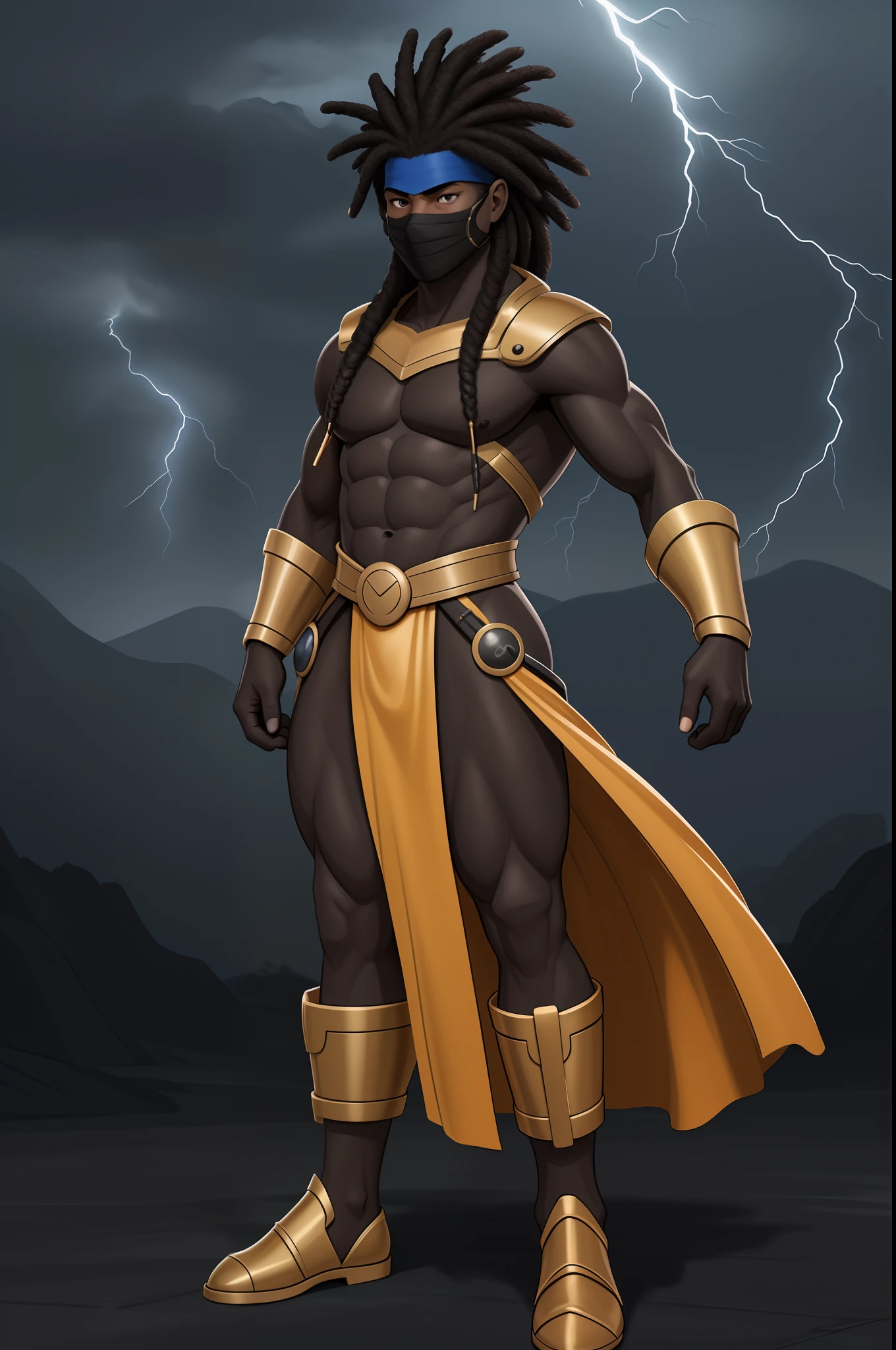 Create an image of a black ninja after an apocalypse in the future, afro cabelo caindo para frente, Rasta type but braided, corpo inteiro, vestindo um traje indiano ribulo africano corpo inteiro, A realistic 4K phoenix with blue orange feathers, dourado, cosmico , with a serious expression and looking forward, corpo inteiro.Olhos firmes, olhando para frente, Lightning in the sky, arms extended, olhando para frente, parado no topo de uma montanha, manto e capa vermelhos, cruz brilhante no ar
