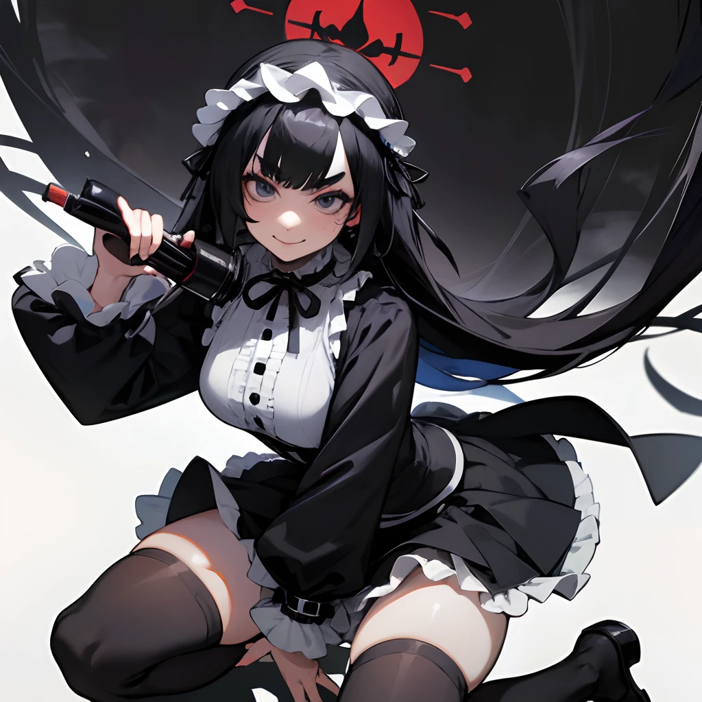 1 woman, Cool, masculine, Cross-dressing, Gothic clothes, Gothic, Onepiece, knee high socks, Black socks, Skirt, Black clothes, white frills, Black hair, Long hair, Thick eyebrows, Sake, Head dress, Black lips , lots of ruffles、A smile、alcohol、Japan liquor bottle, large black ribbon after ear,